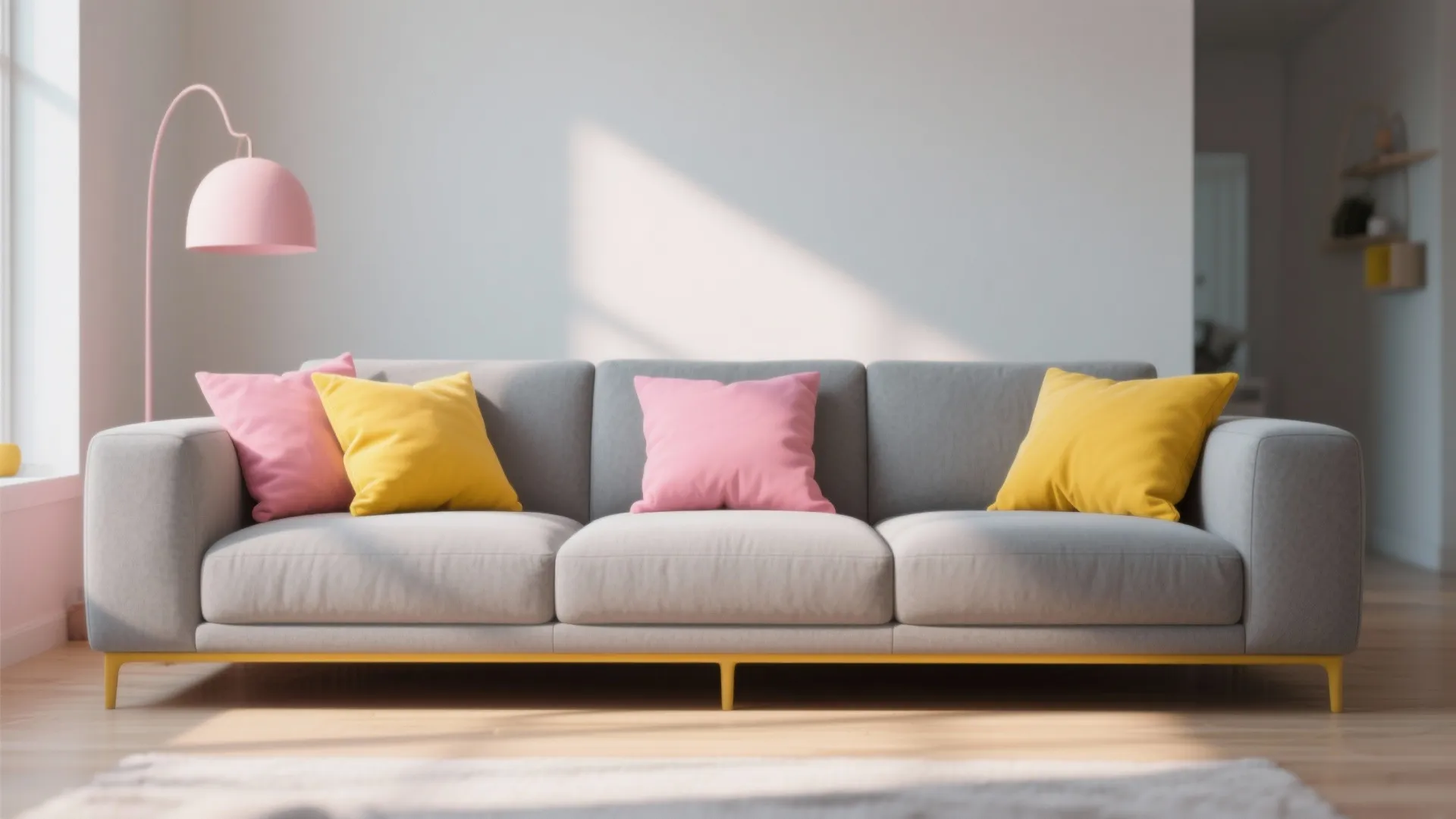 Modern grey sofa with pink and yellow pillows, standing next to a pink floor light