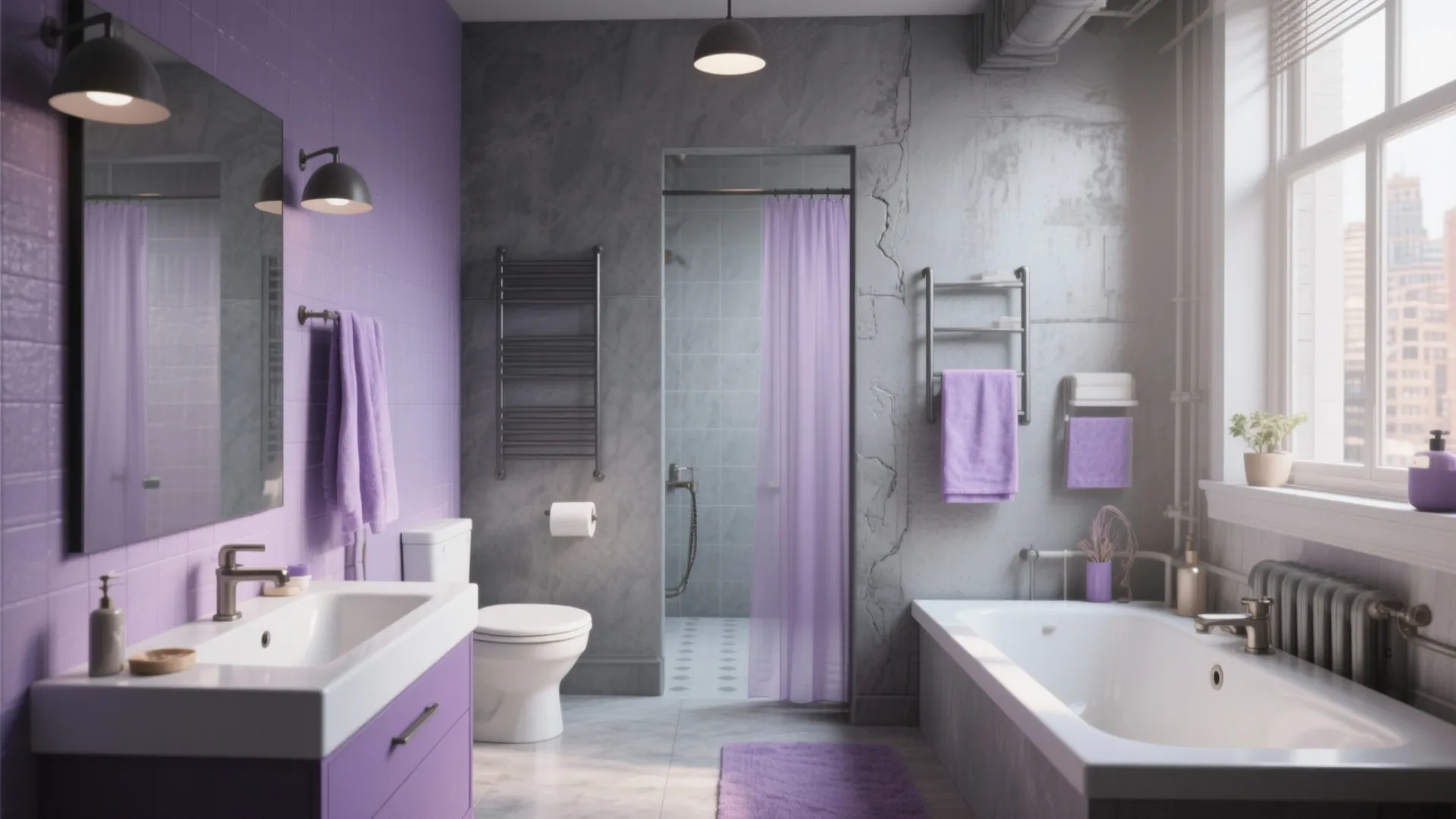 Modern bathroom with purple wall tiles grey concrete walls white bathtub sink and wall light fixtures