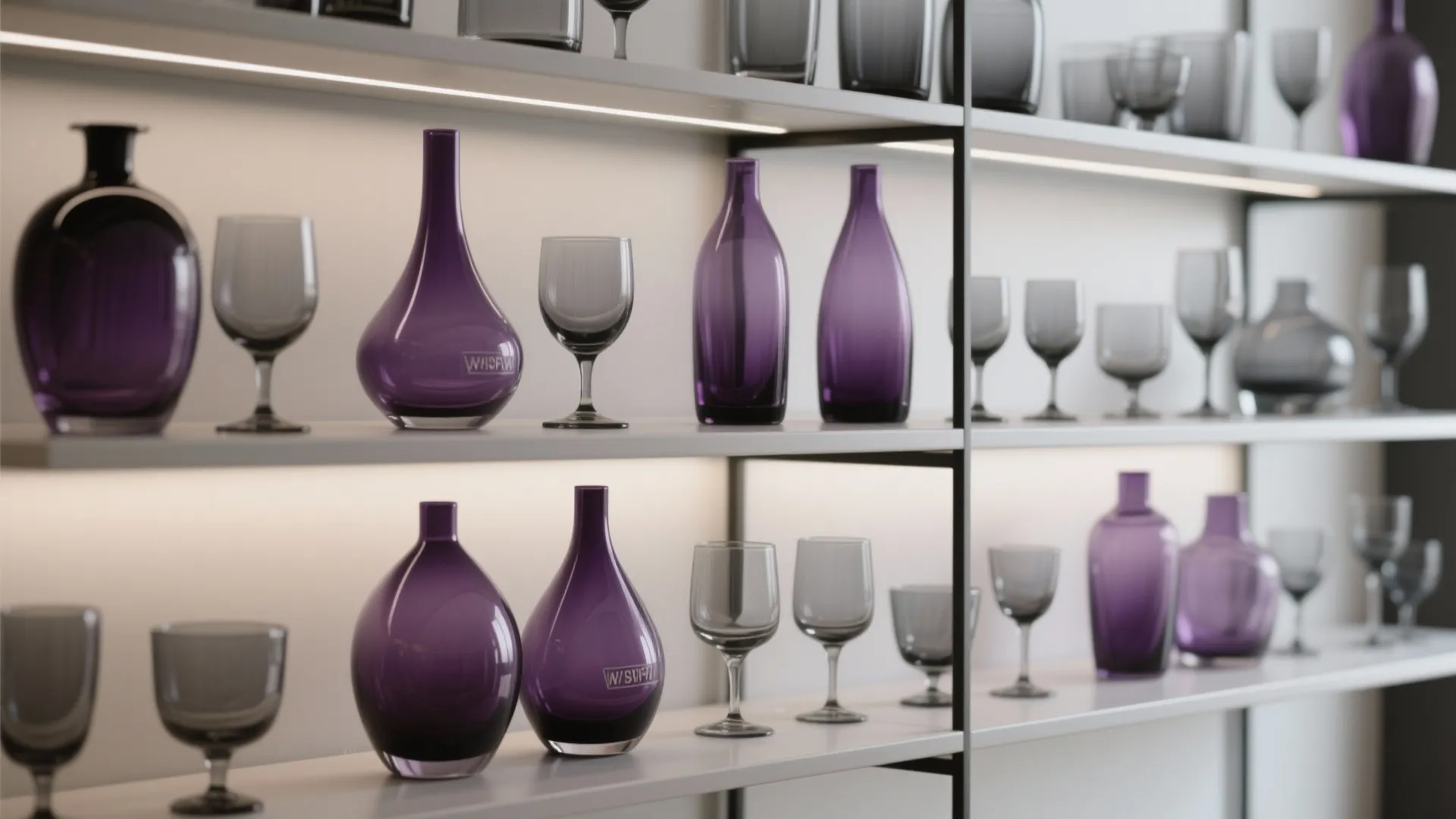10. Mix of Grey and Purple Glassware in Open Shelving