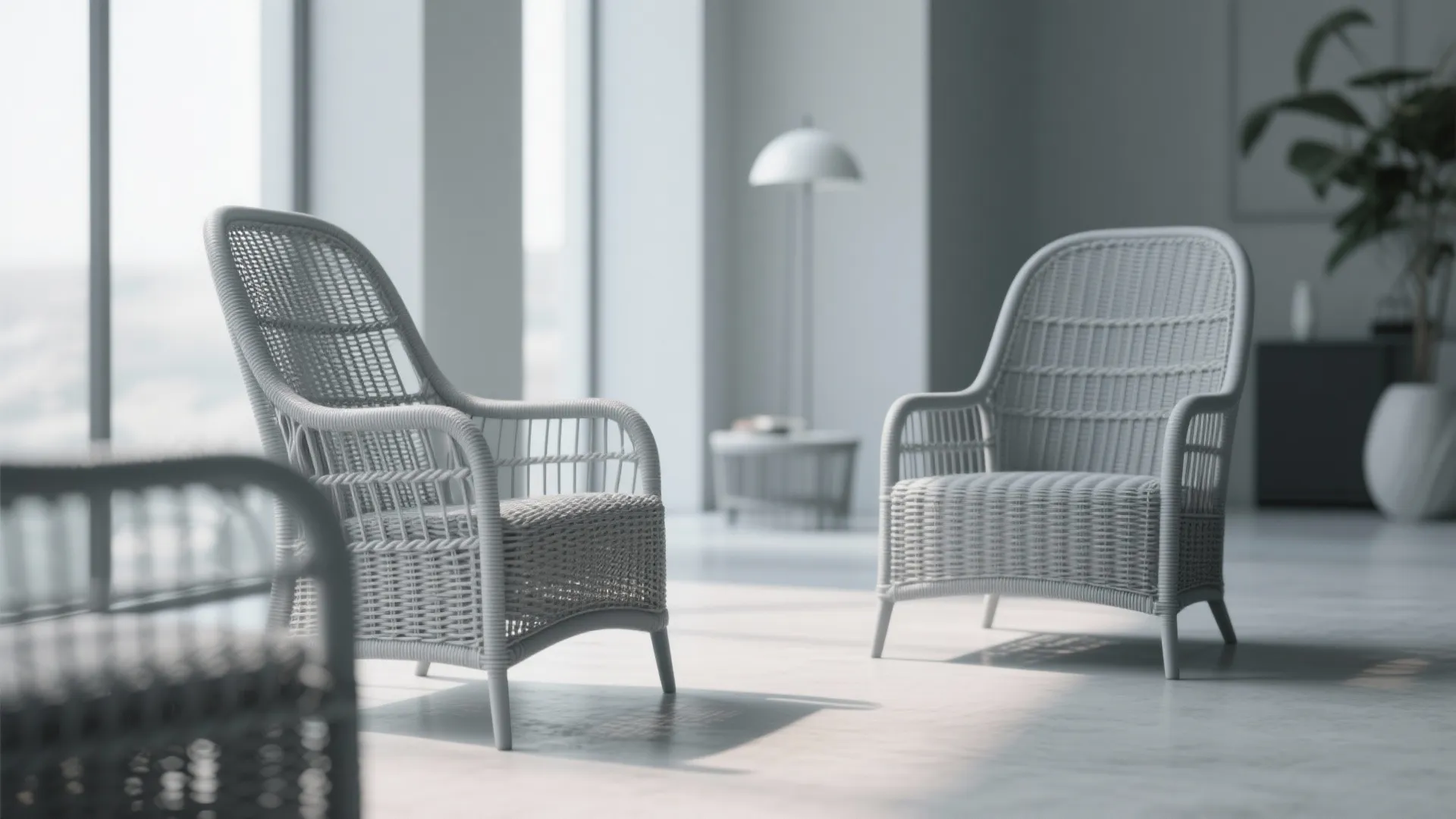 Chic grey painted rattan chairs in a modern interior