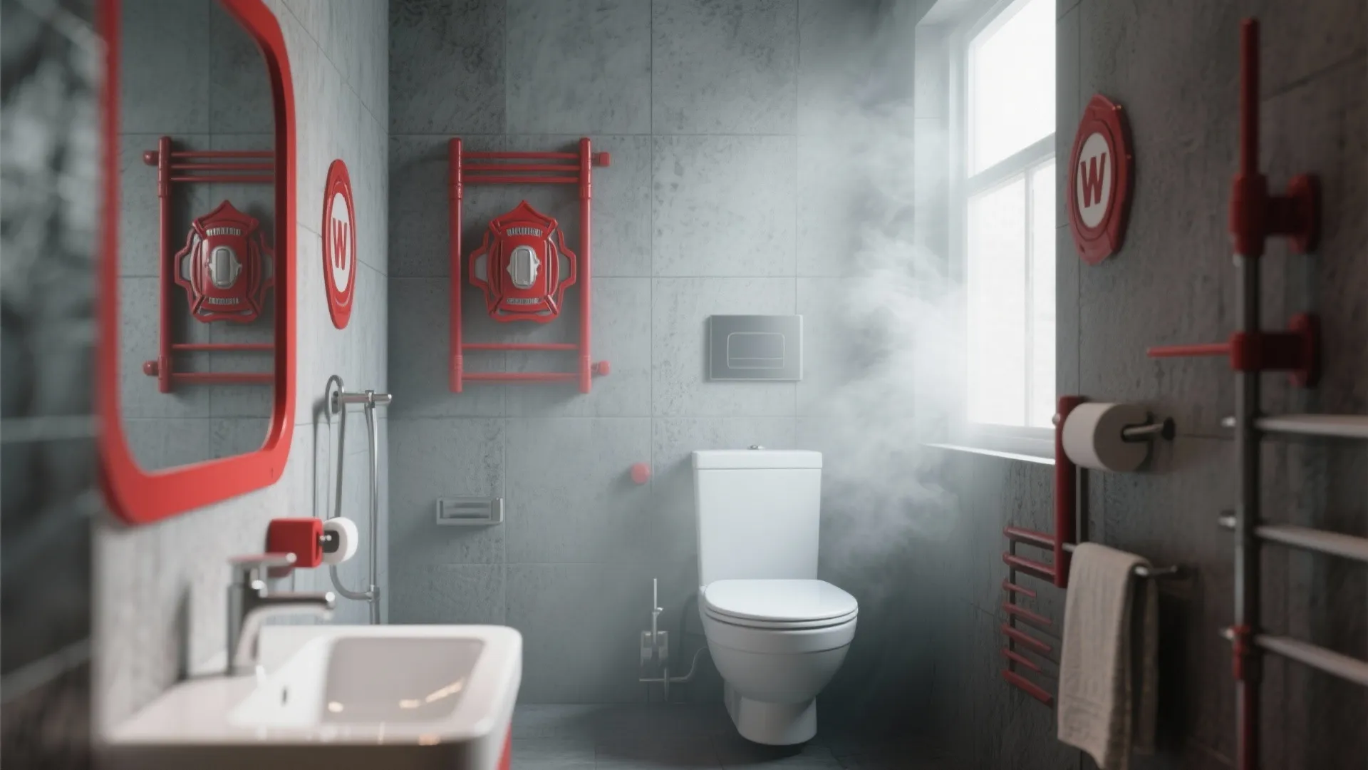 Bathroom with smoky grey walls and red accent decor in firefighter style