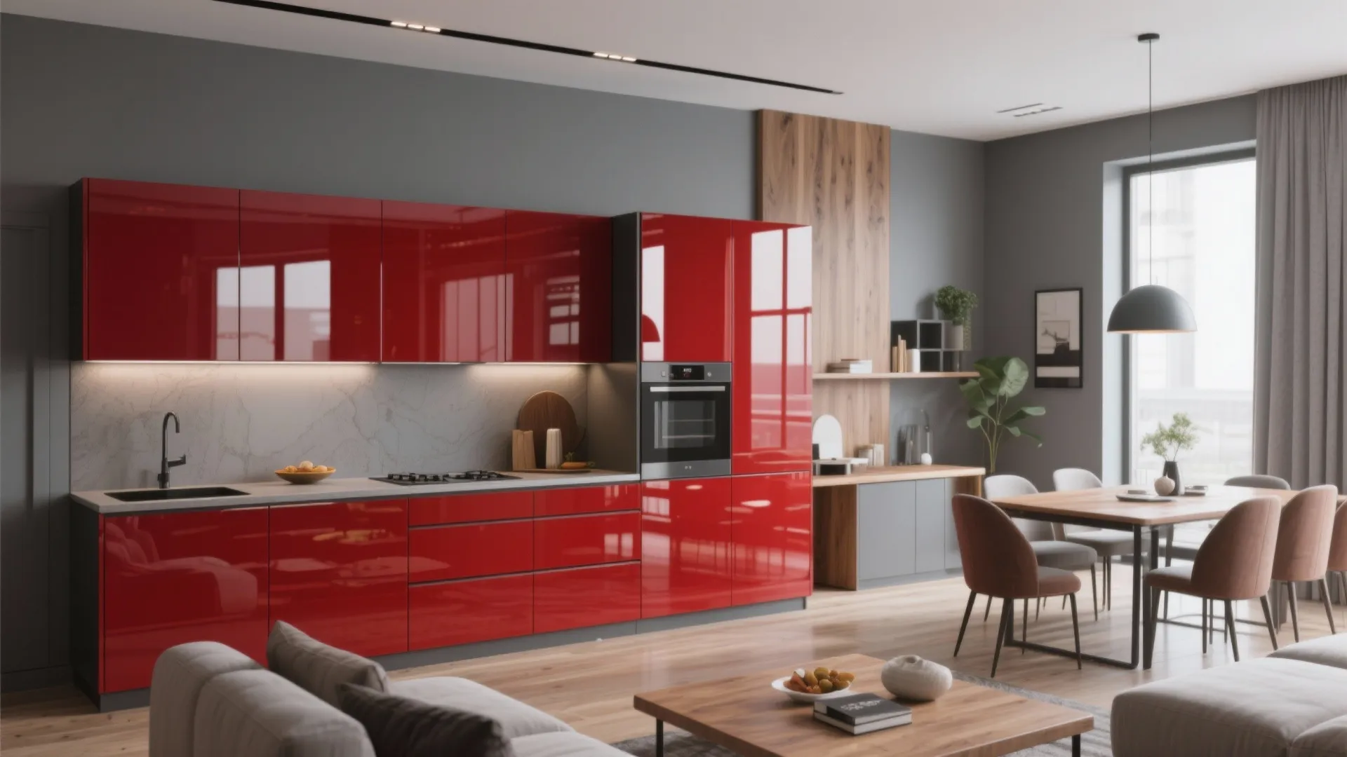 9. Contemporary Grey with High-Gloss Red Cabinets