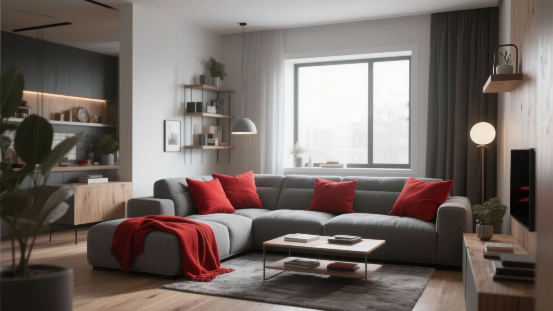 Modern grey corner sofa with red pillows and blanket in bright living room with window