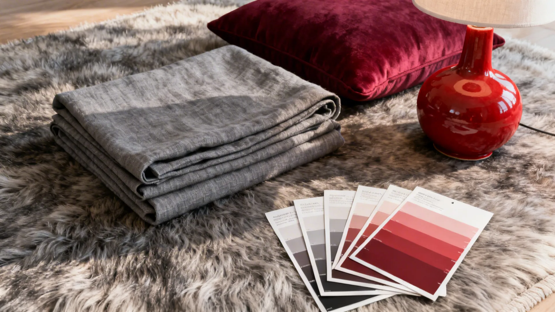 Flatlay of grey textiles and small red accessories showcasing texture and accents.