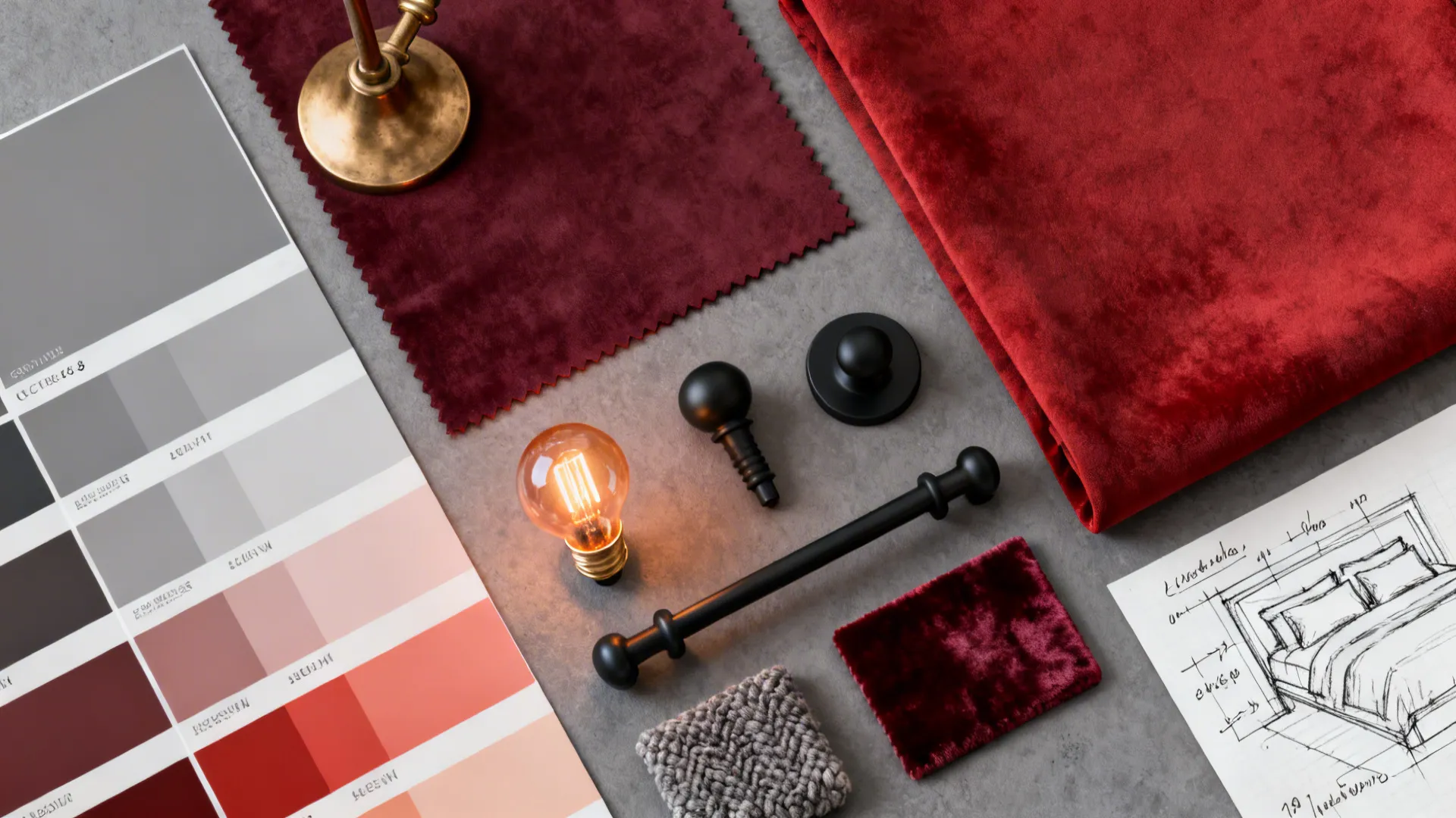 Moodboard flatlay with grey paint swatches, red fabric samples, and brass accents.