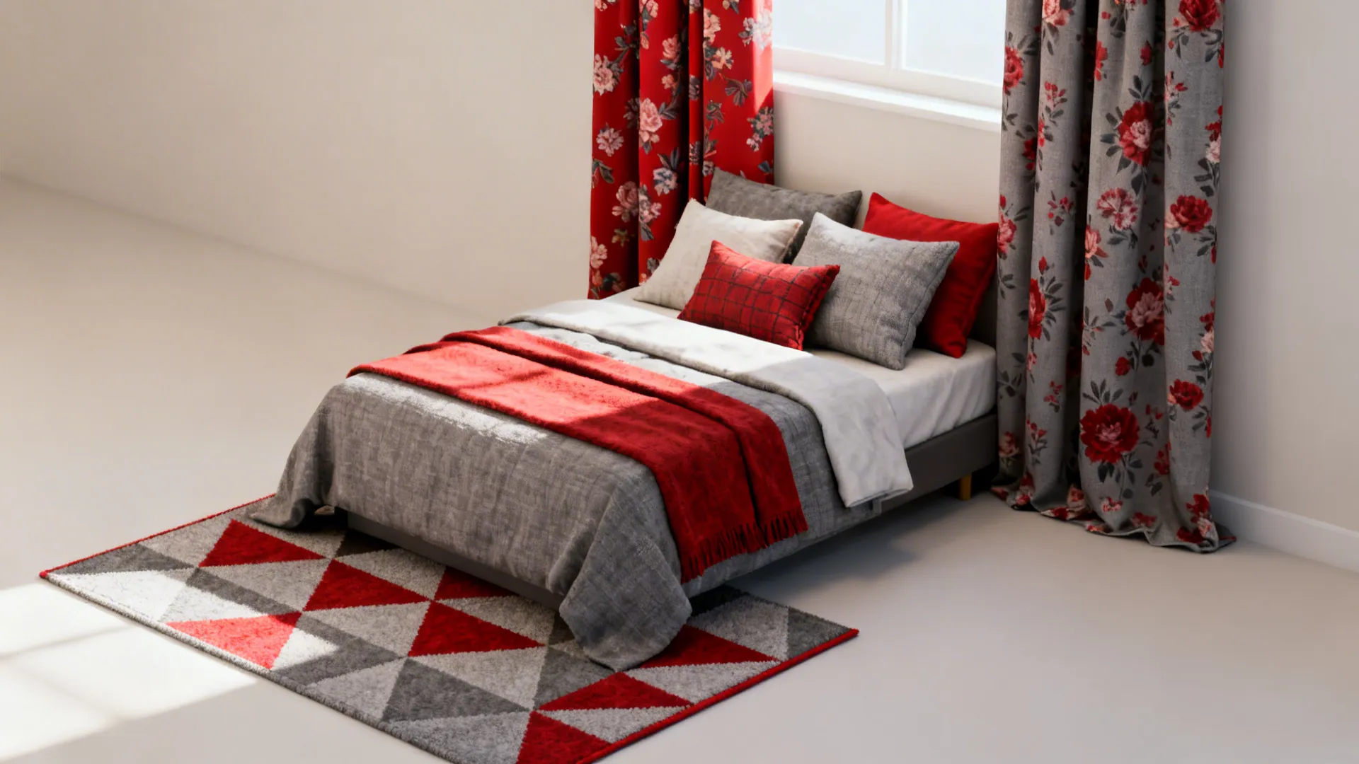 Layered patterned textiles combining grey and red to add personality in a small room.