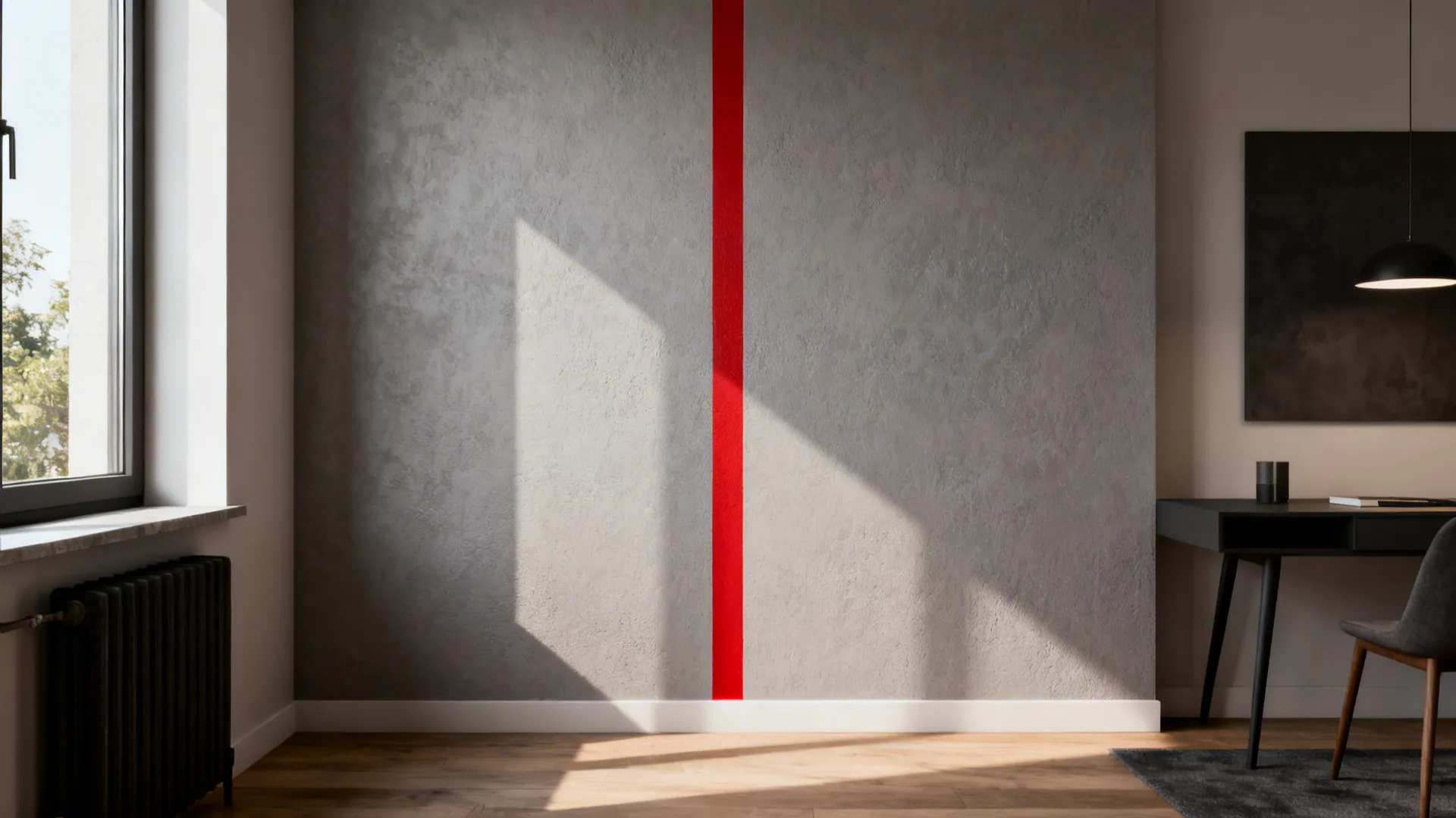 Neutral grey wall with a sharp vertical red stripe adding architectural interest.
