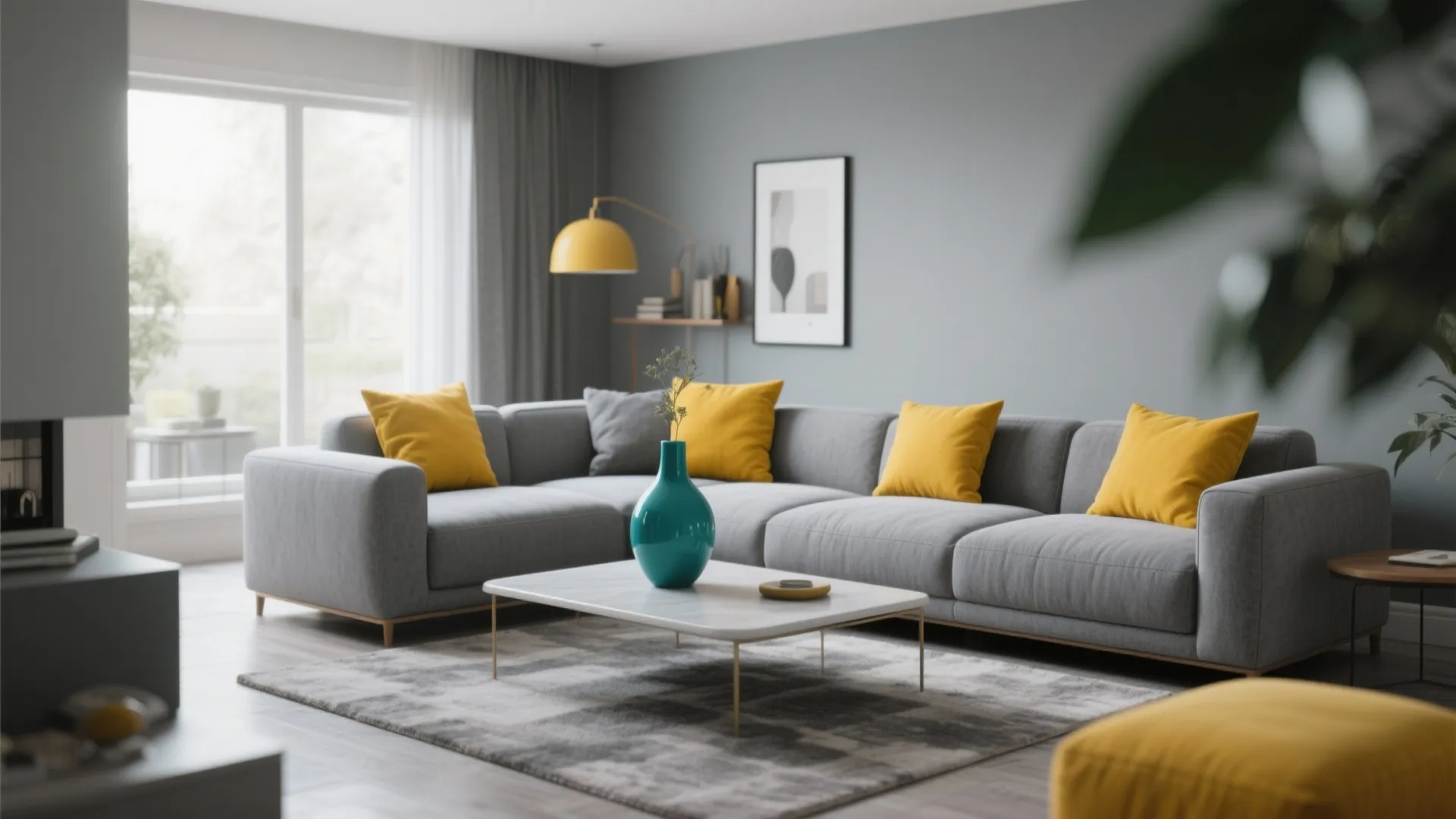 Modern grey sectional sofa with yellow pillows and blue vase on white marble coffee table