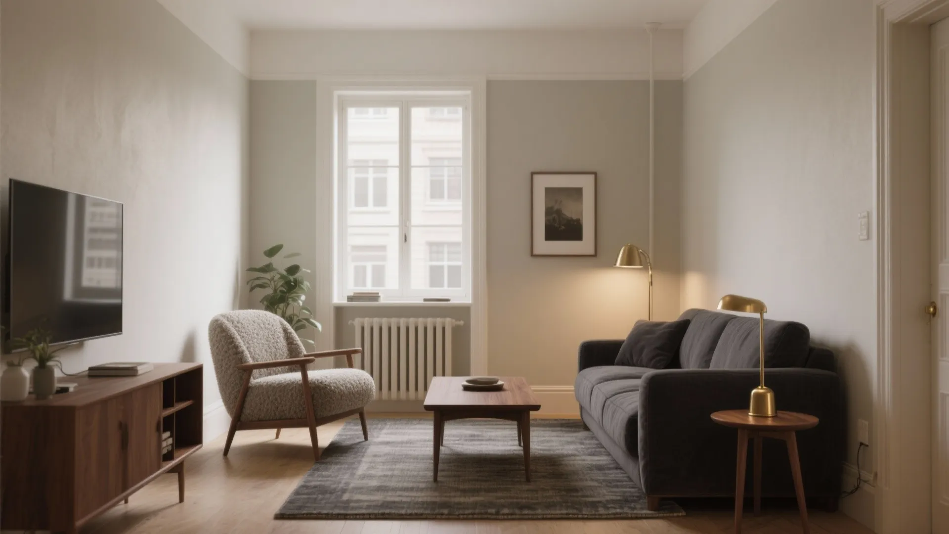 Living room with grey walls dark sofa wooden coffee table rug television and gold lamp