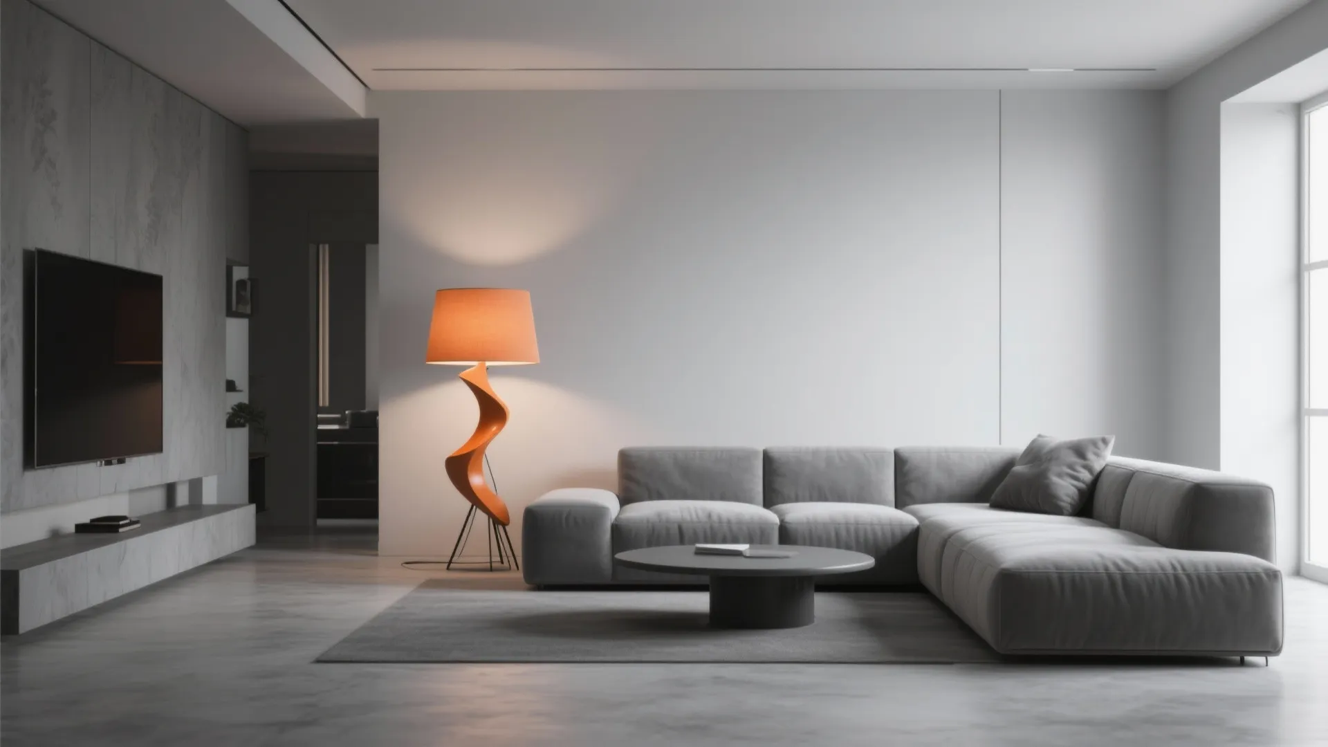 10. Minimalist Grey Base with a Single Orange Statement Lamp