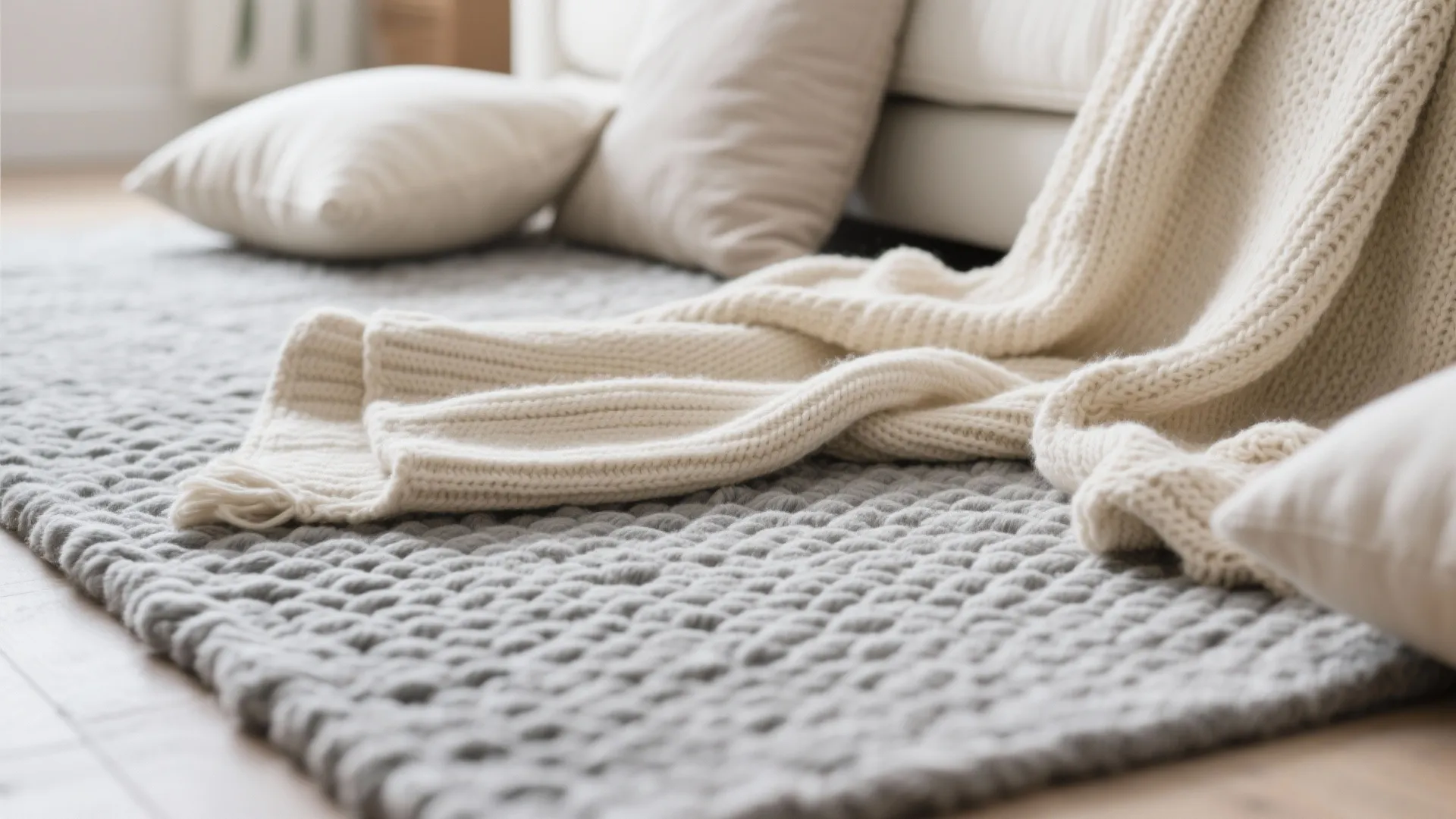 Soft grey woven rug on floor with cream knitted blankets and pillows in cozy room