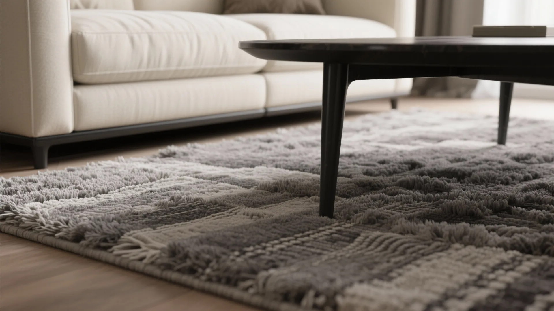 2. Layered Textures: Grey Rugs and Black Metal