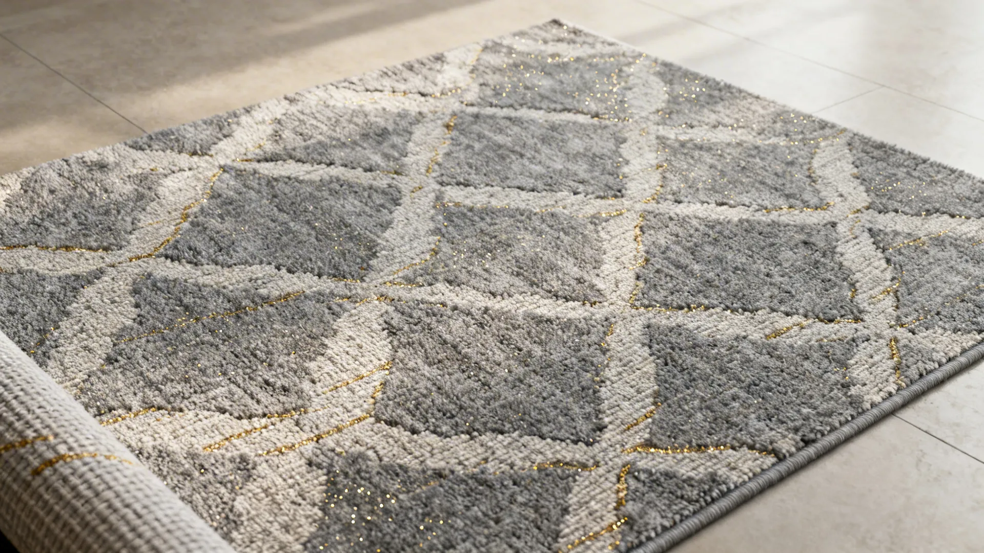 4. Patterned grey rugs with subtle gold threads