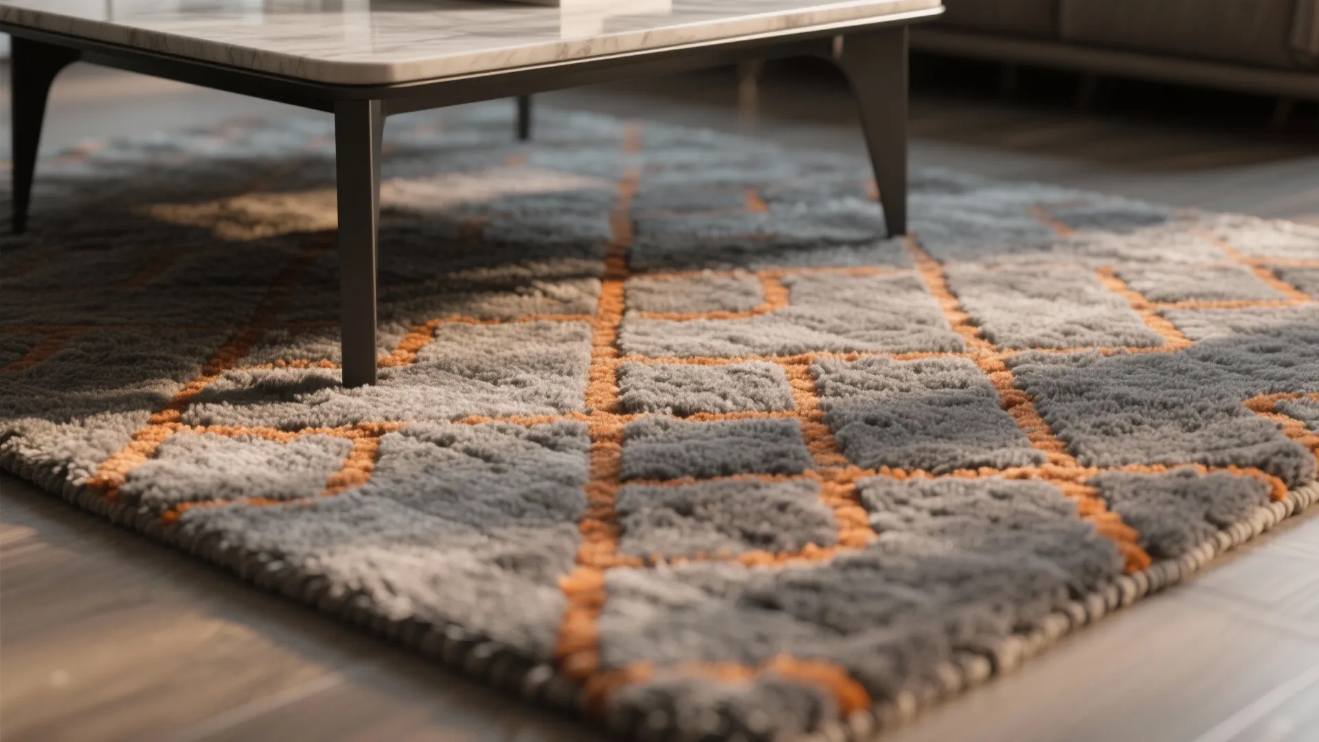 Textured Grey Rug with Orange Pattern