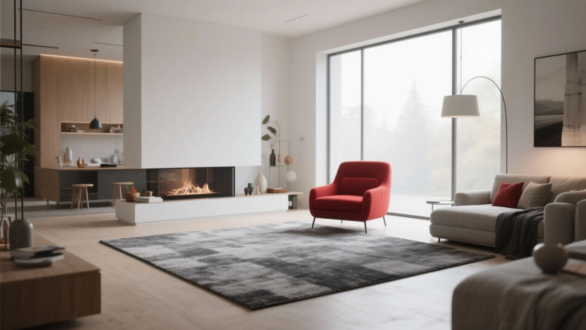 Modern living room with grey rug red armchair fireplace large window and open kitchen area design