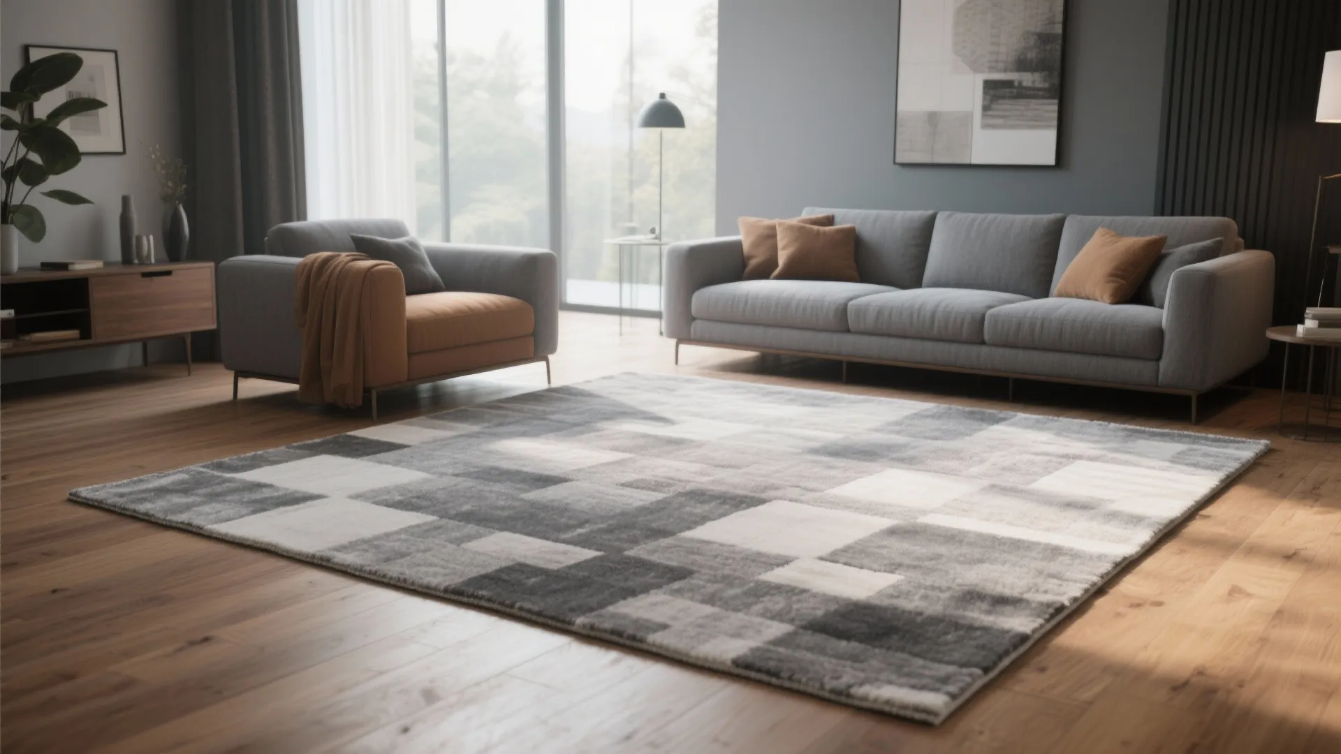Grey rug placed over tan honey oak flooring in a living room