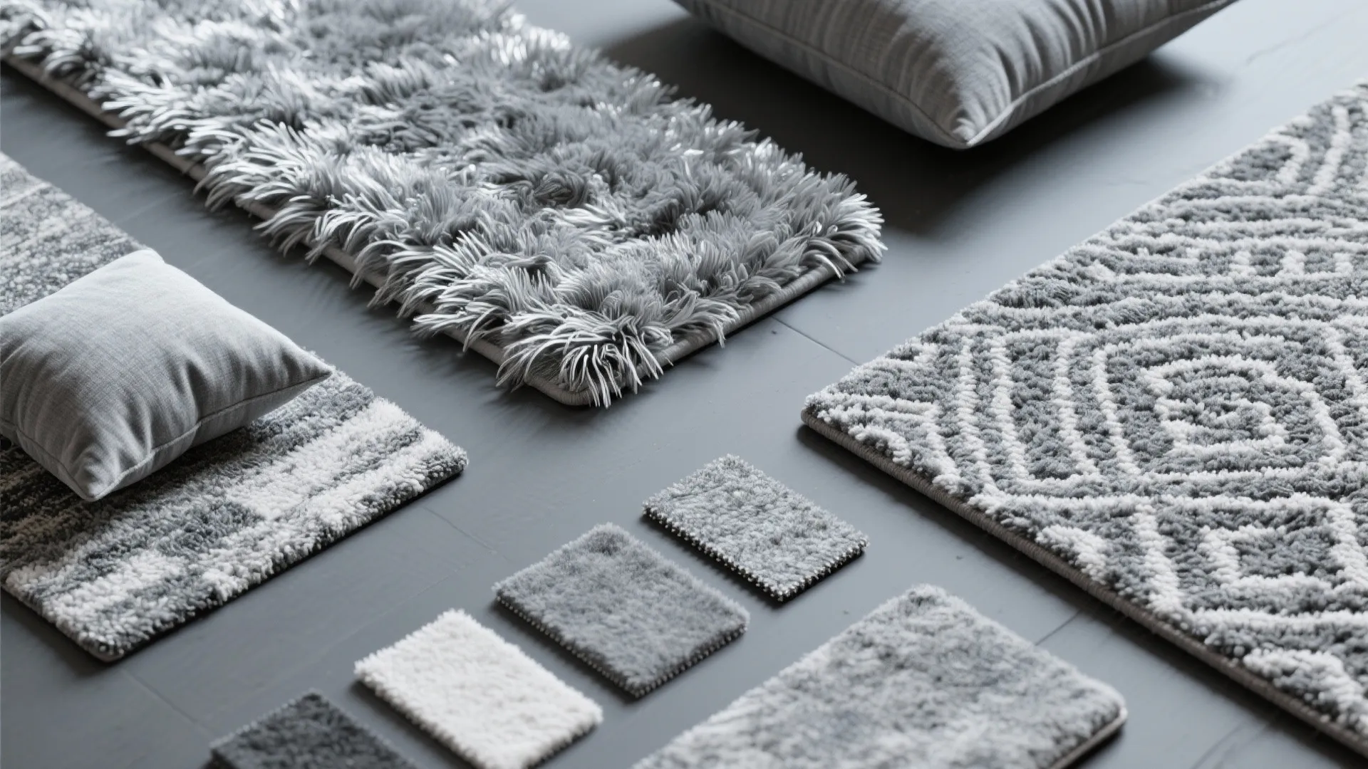 Flat lay of grey area rug textures and fabric swatches