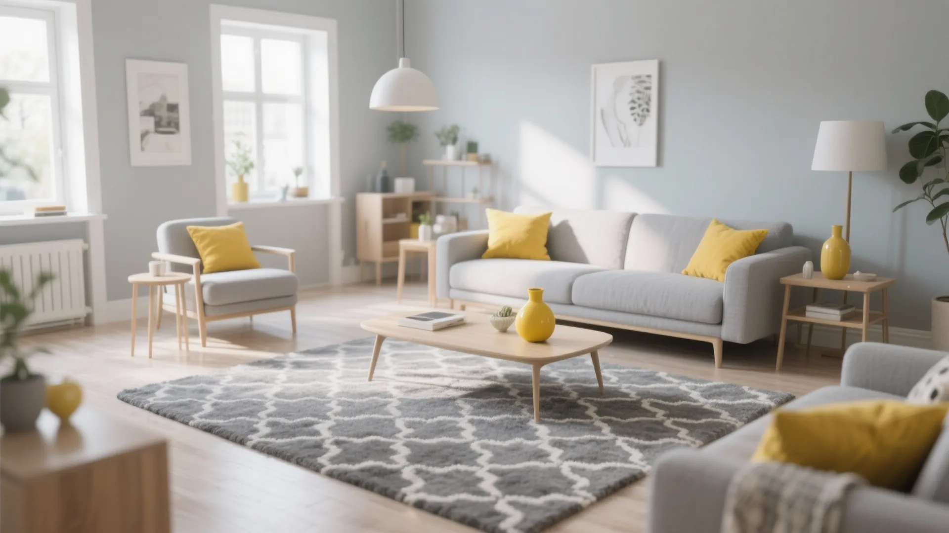 4. Patterned Grey Rug with Yellow Accents