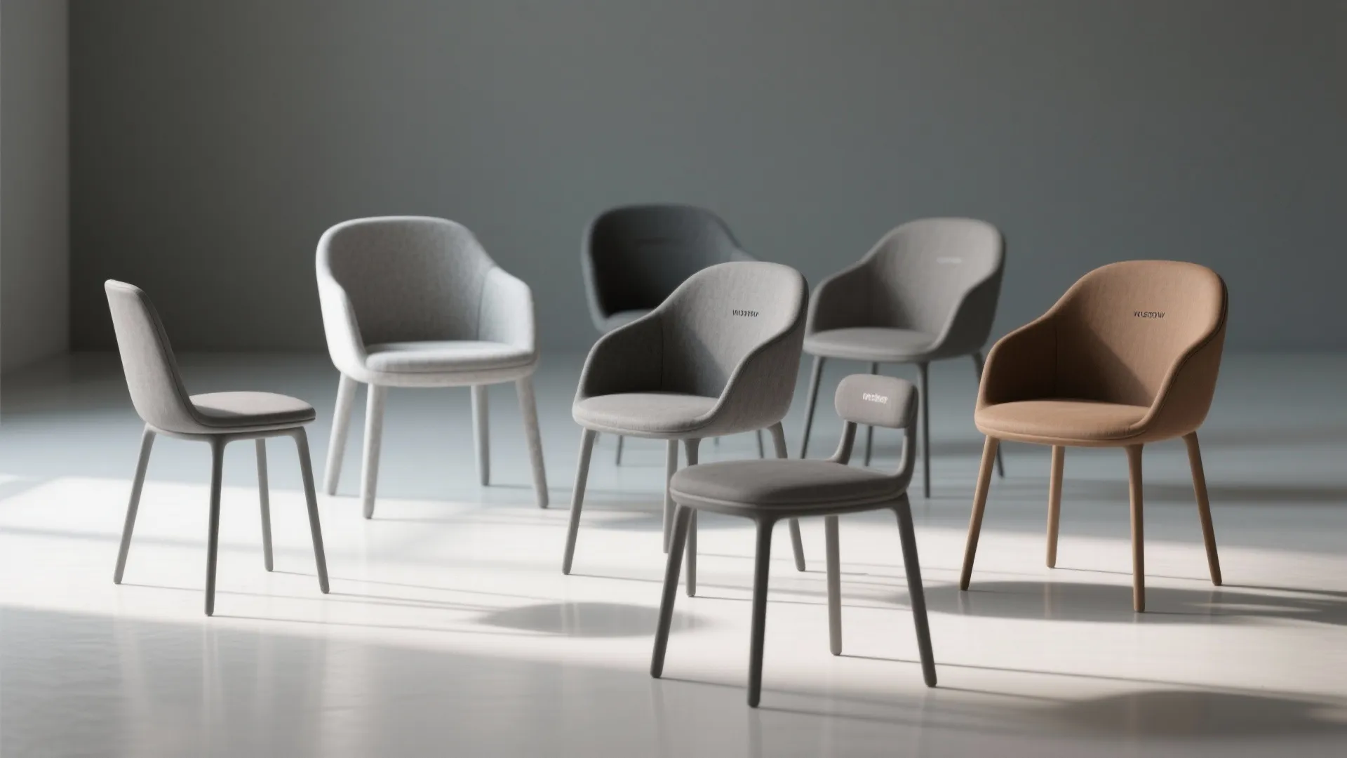 Collection of modern chairs in grey and brown colors arranged in a bright studio room