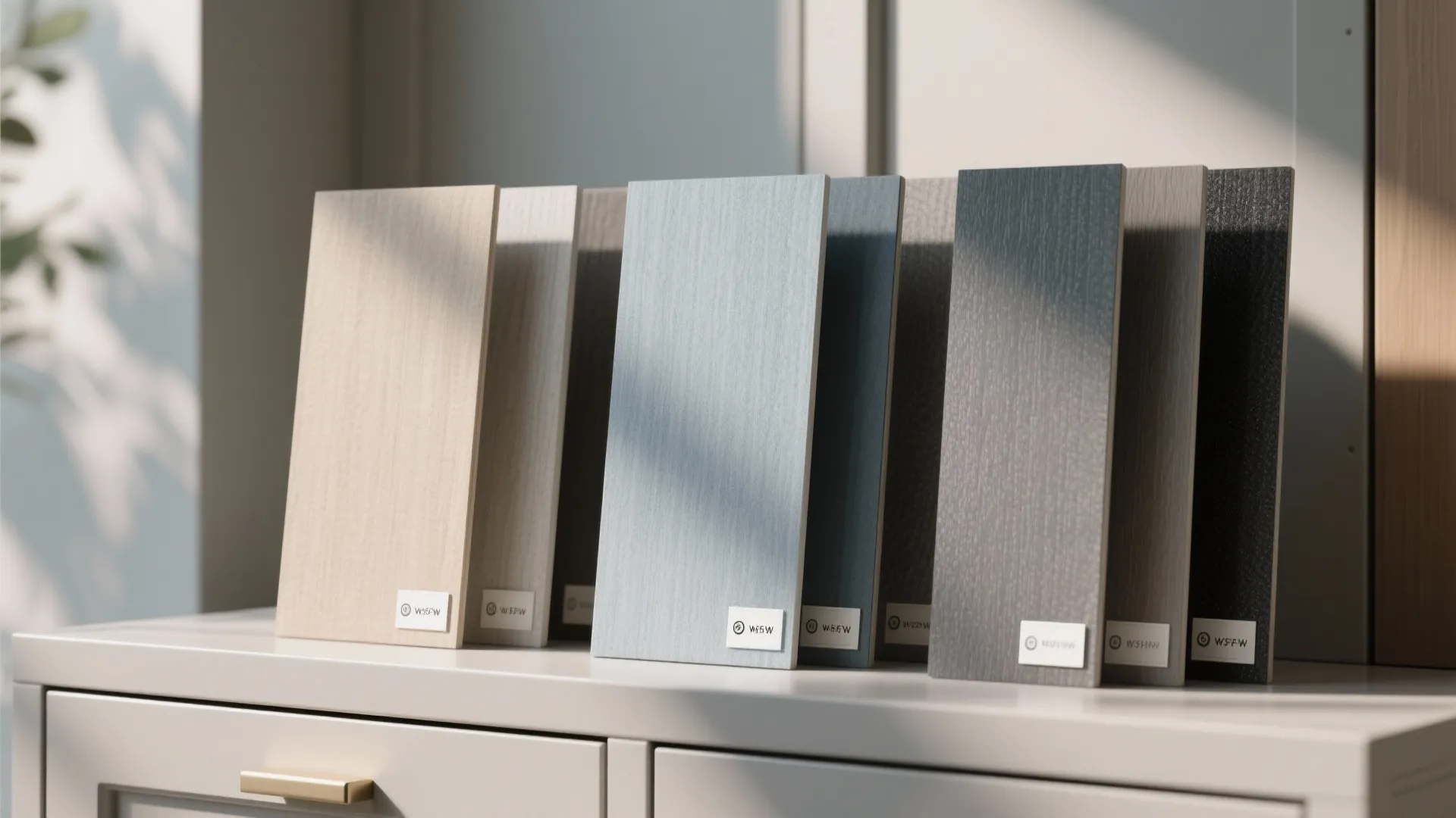 Grouped cabinet paint samples showing different grey undertones in natural light