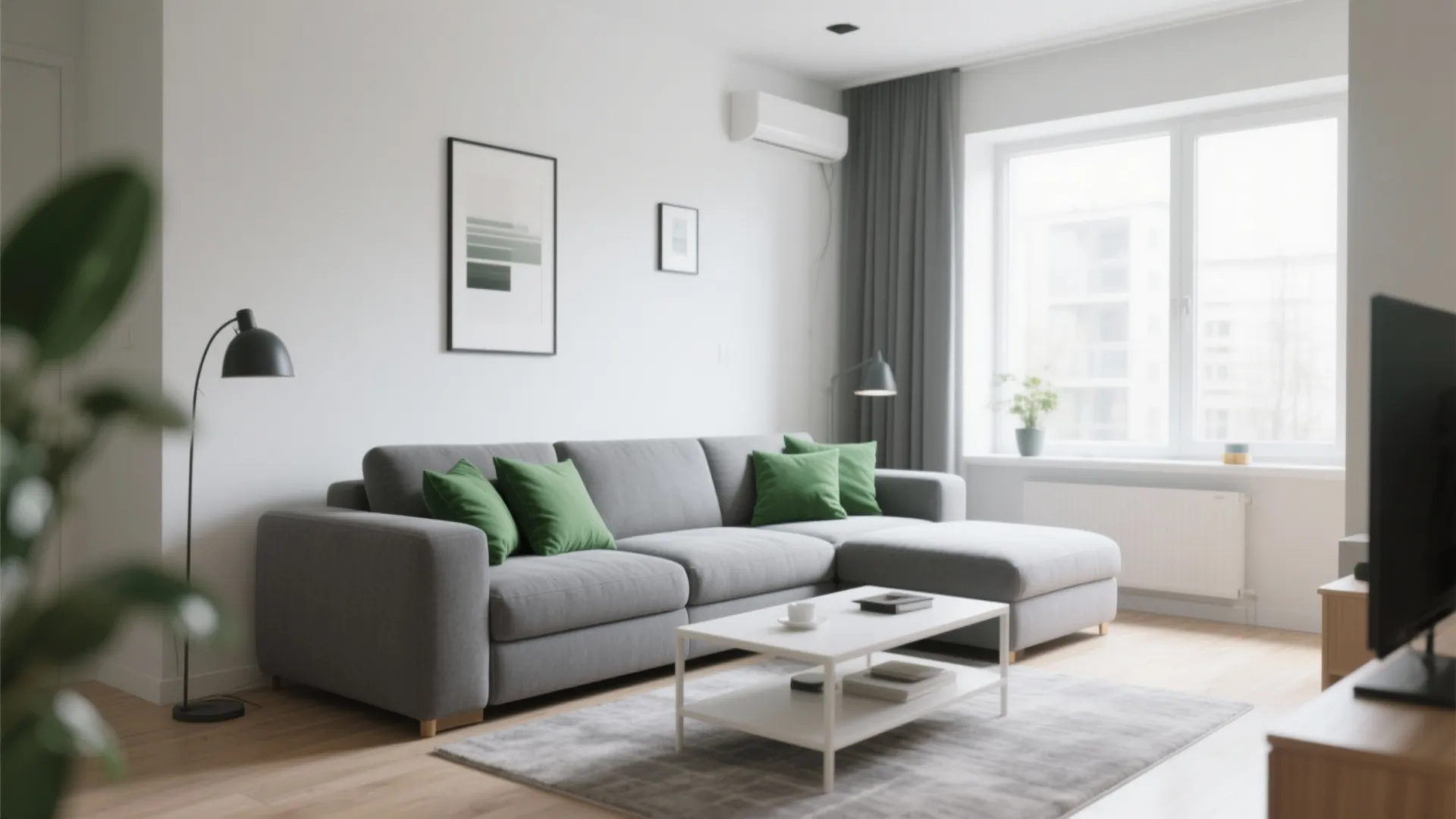 2. Grey Modular Sectional with Emerald Scatter Cushions