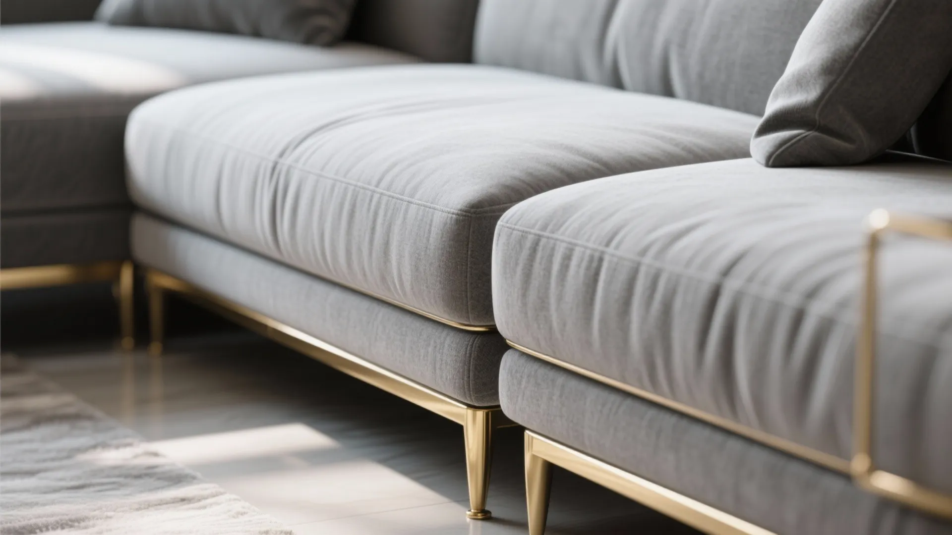 Grey sectional sofa with polished gold legs
