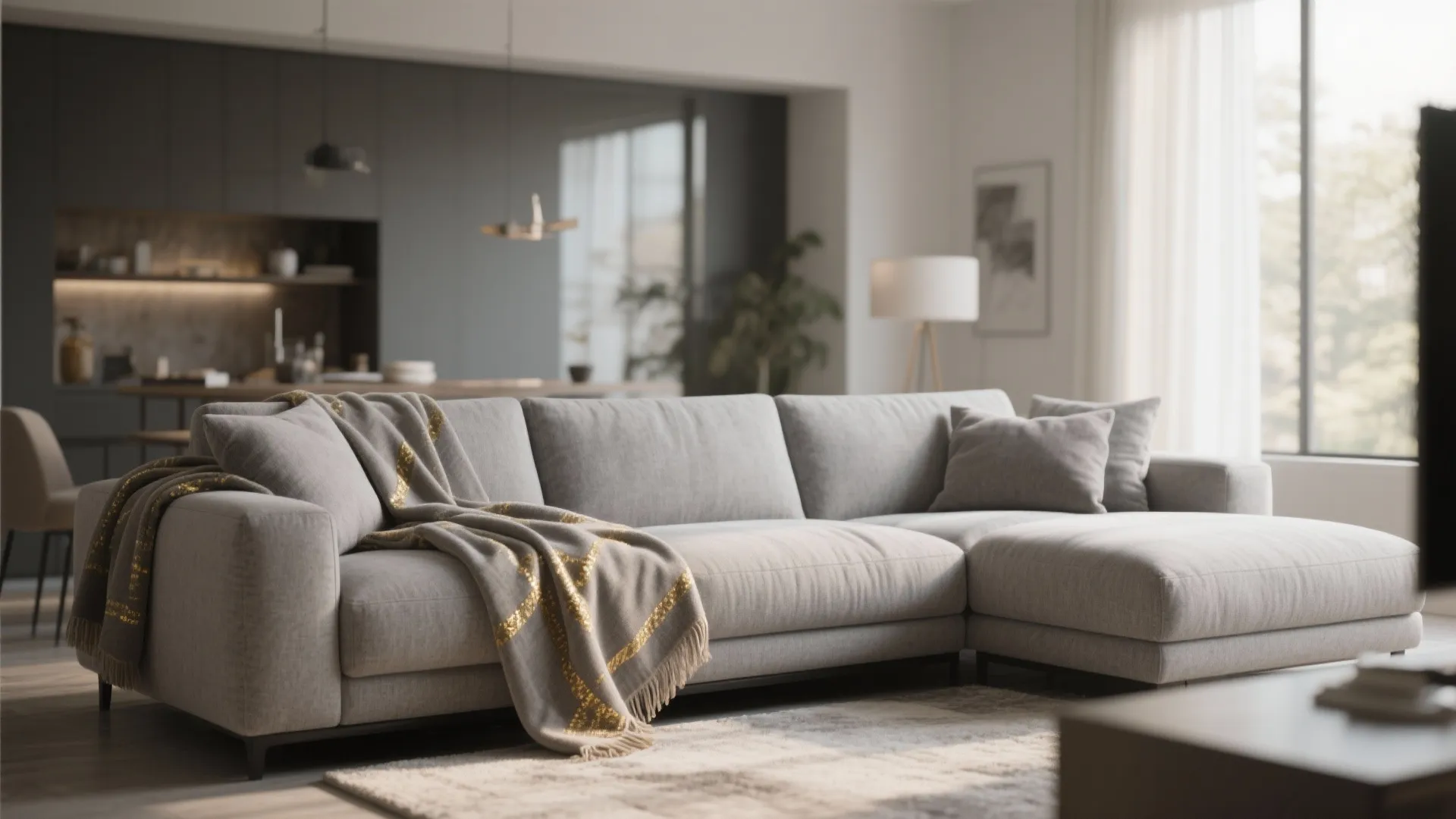 9. Grey Sectional with Gold Thread Throw
