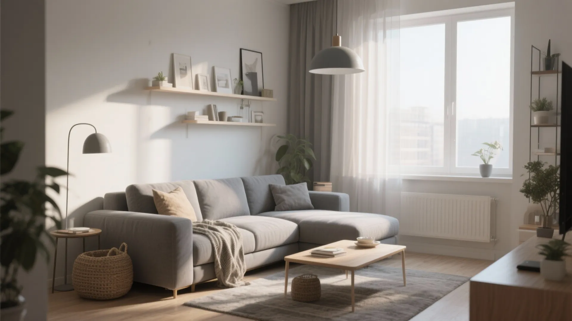 Modern living room featuring a grey sofa wooden coffee table wall shelves and large bright window