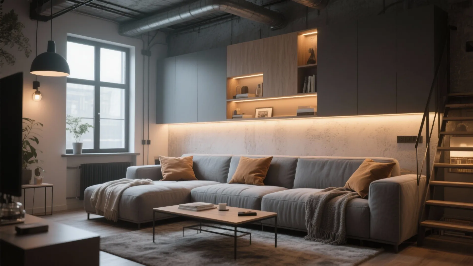 5. Modern Grey Sectional with Warm Lighting