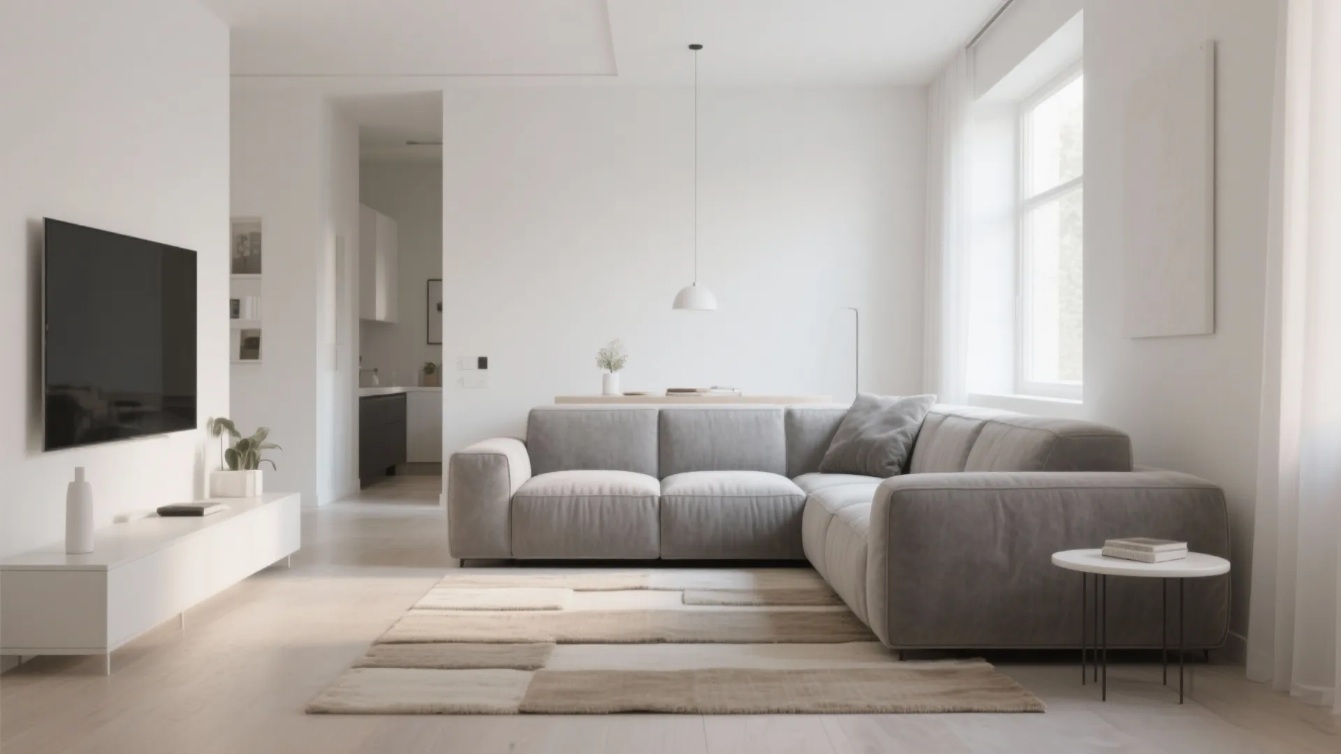 Minimalist white living room featuring a large grey sofa television white cabinet and simple ceiling light