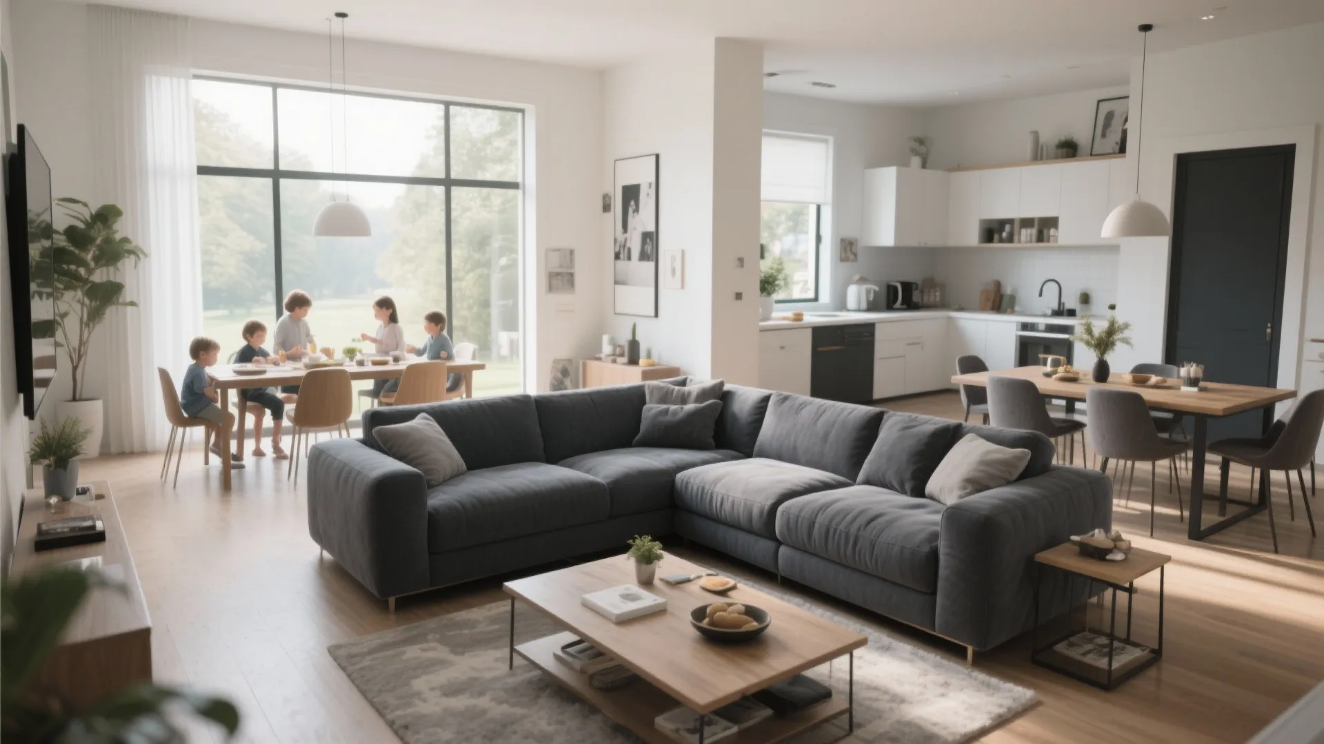 Large open plan living area with grey sofa wooden dining table and modern white kitchen