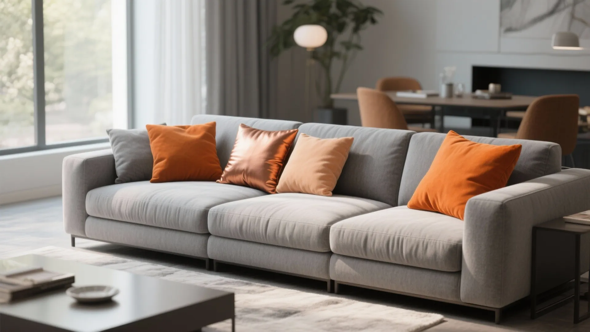 9. Grey Sectional with Mixed Orange Cushions