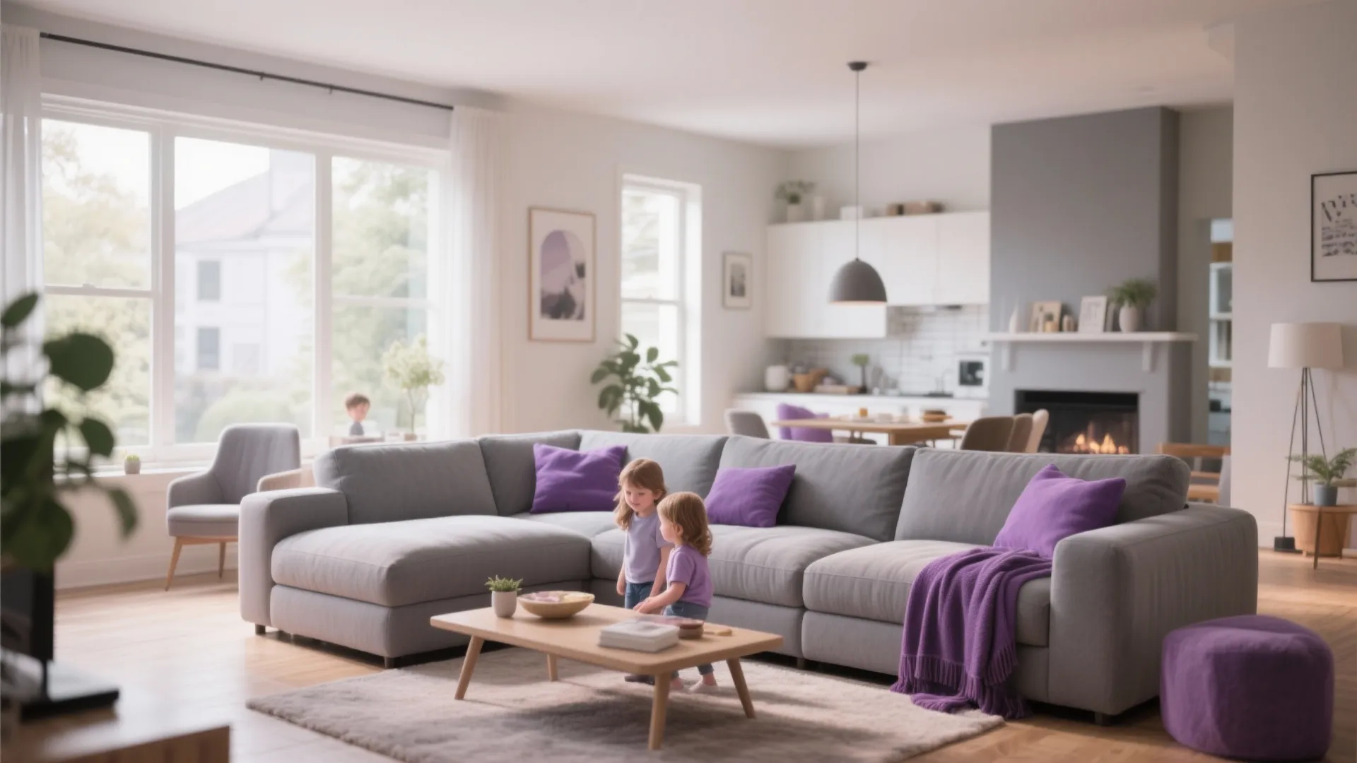 4. Grey Sectional with Purple Throws