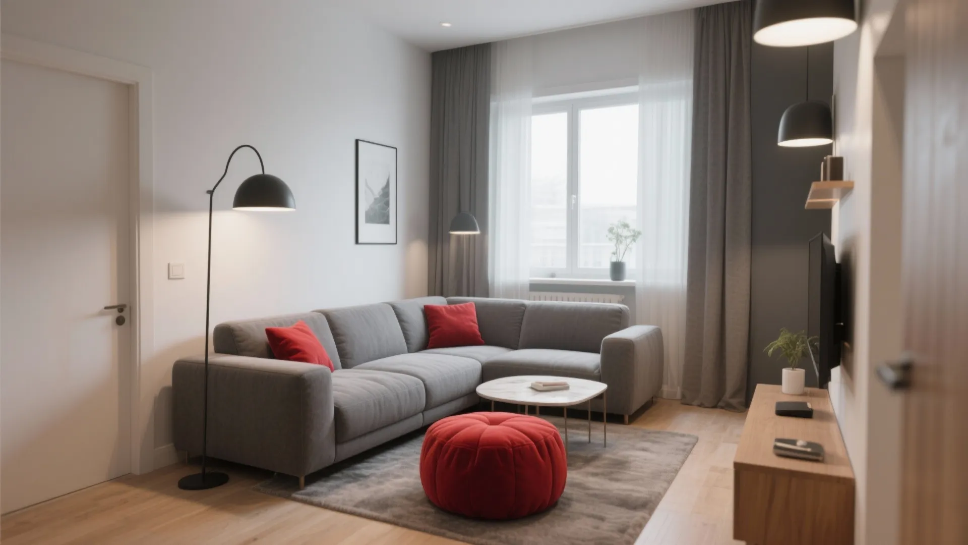 6. L-Shaped Grey Sectional with Red Ottoman