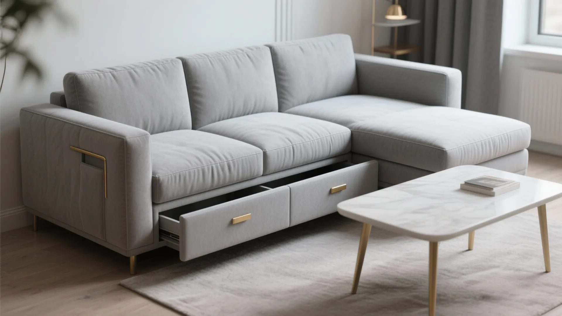 Grey sofa with open storage drawer underneath next to a white marble coffee table on rug