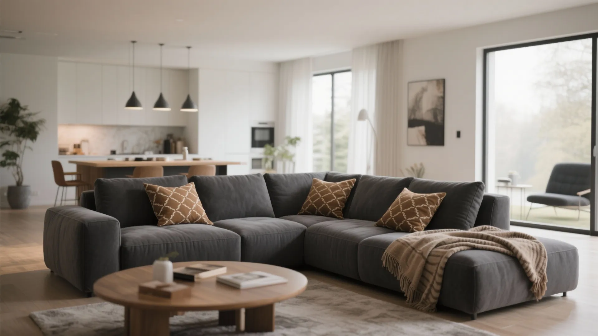 Grey sectional sofa with tan patterned pillows