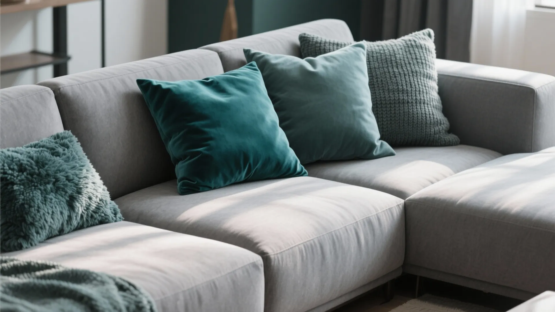 3. Grey Sectional with Teal Throw Pillows