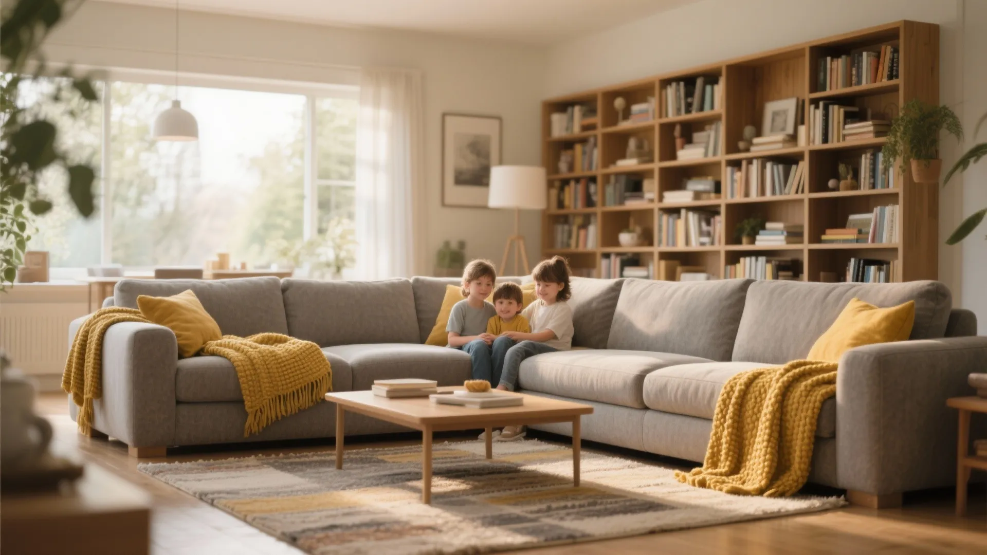 3. Grey Sectional with Yellow Throws