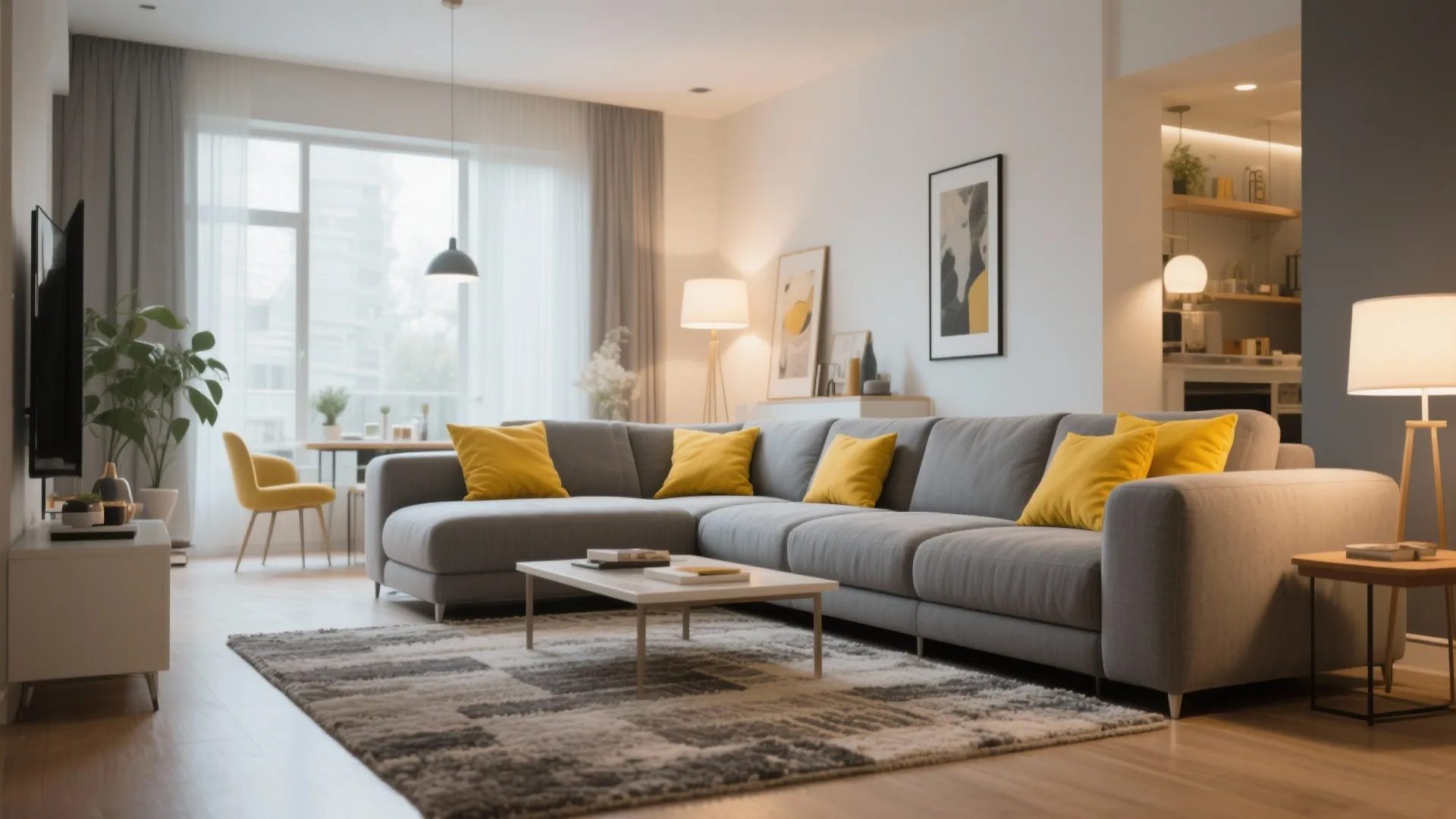 8. Grey Sectional with Yellow Throw Pillows