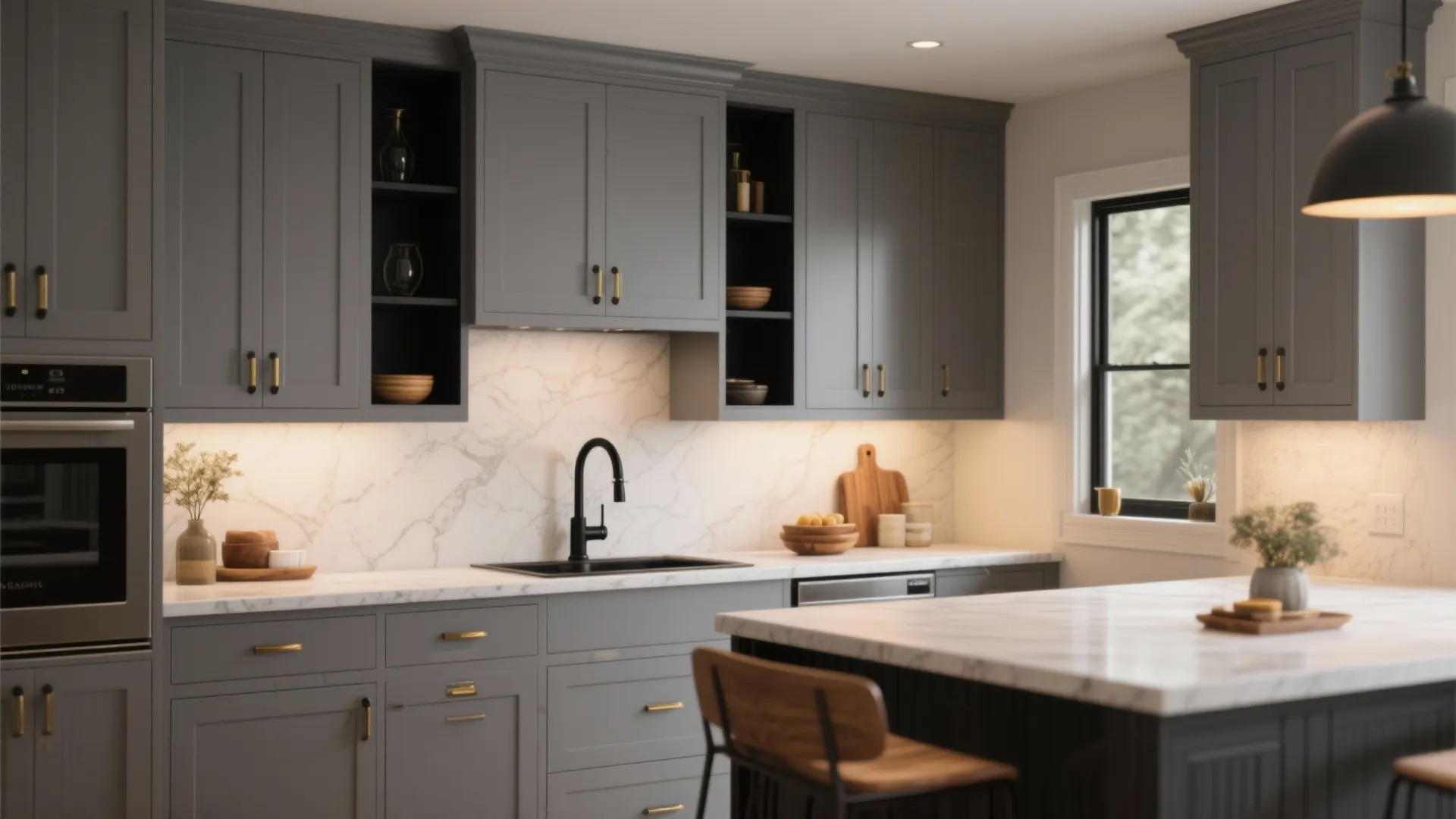 2. Grey Shaker Cabinets with Black Accents