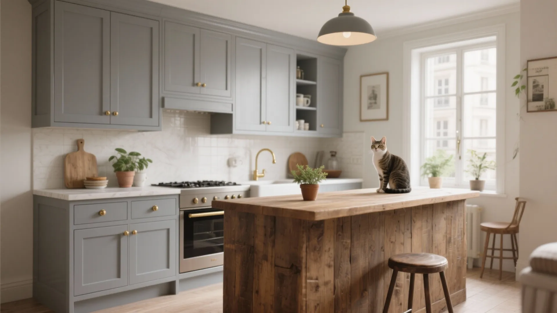 Grey kitchen with a wood island table a cat sitting on top and ceiling light