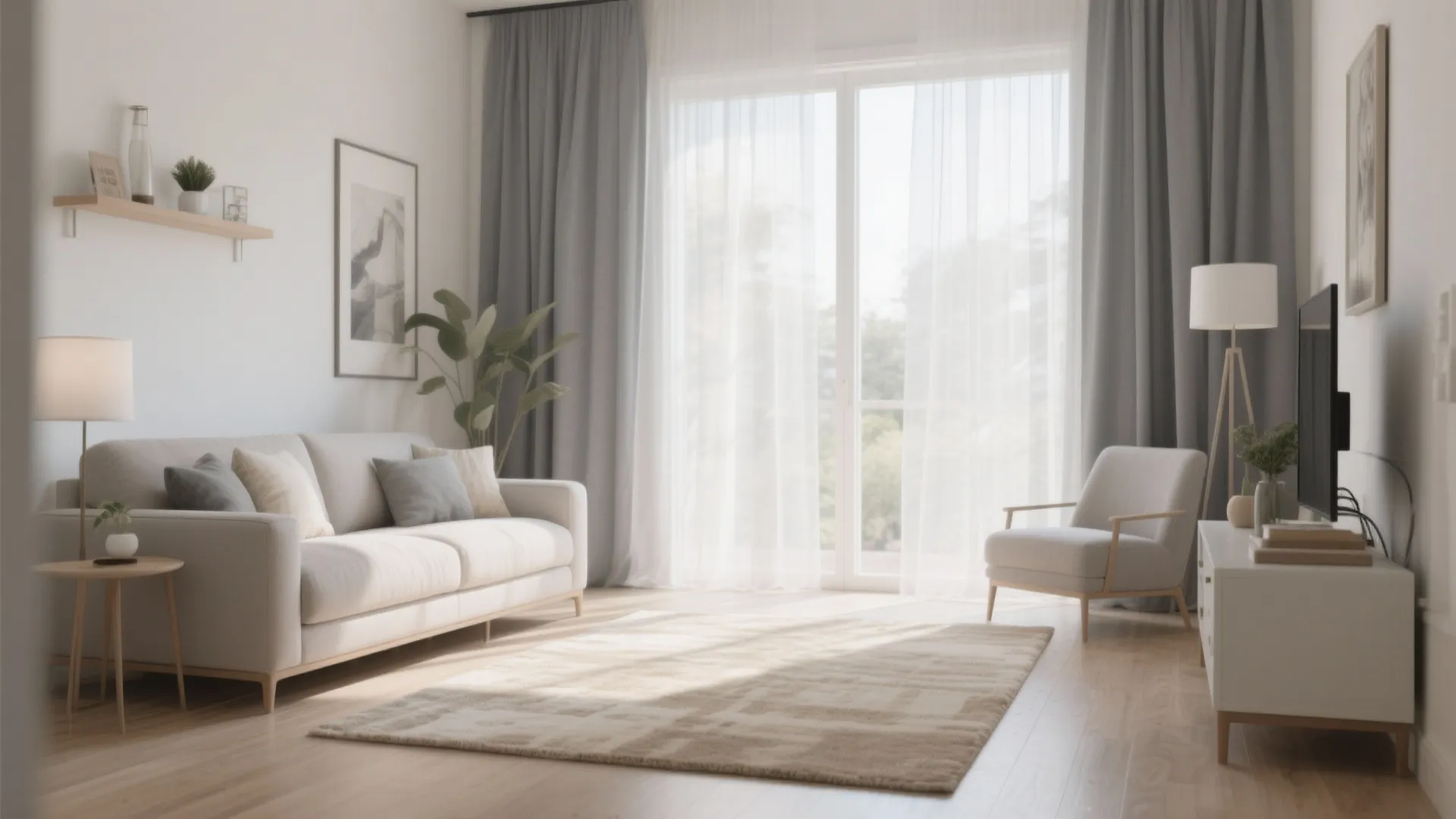 Bright living room featuring white sofa grey curtains beige rug wooden floor and natural light