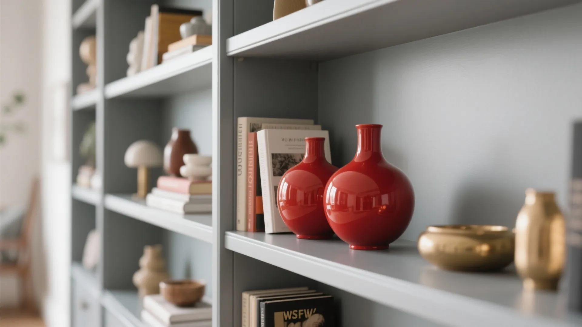 8. Grey Shelving with Red Decorative Accents