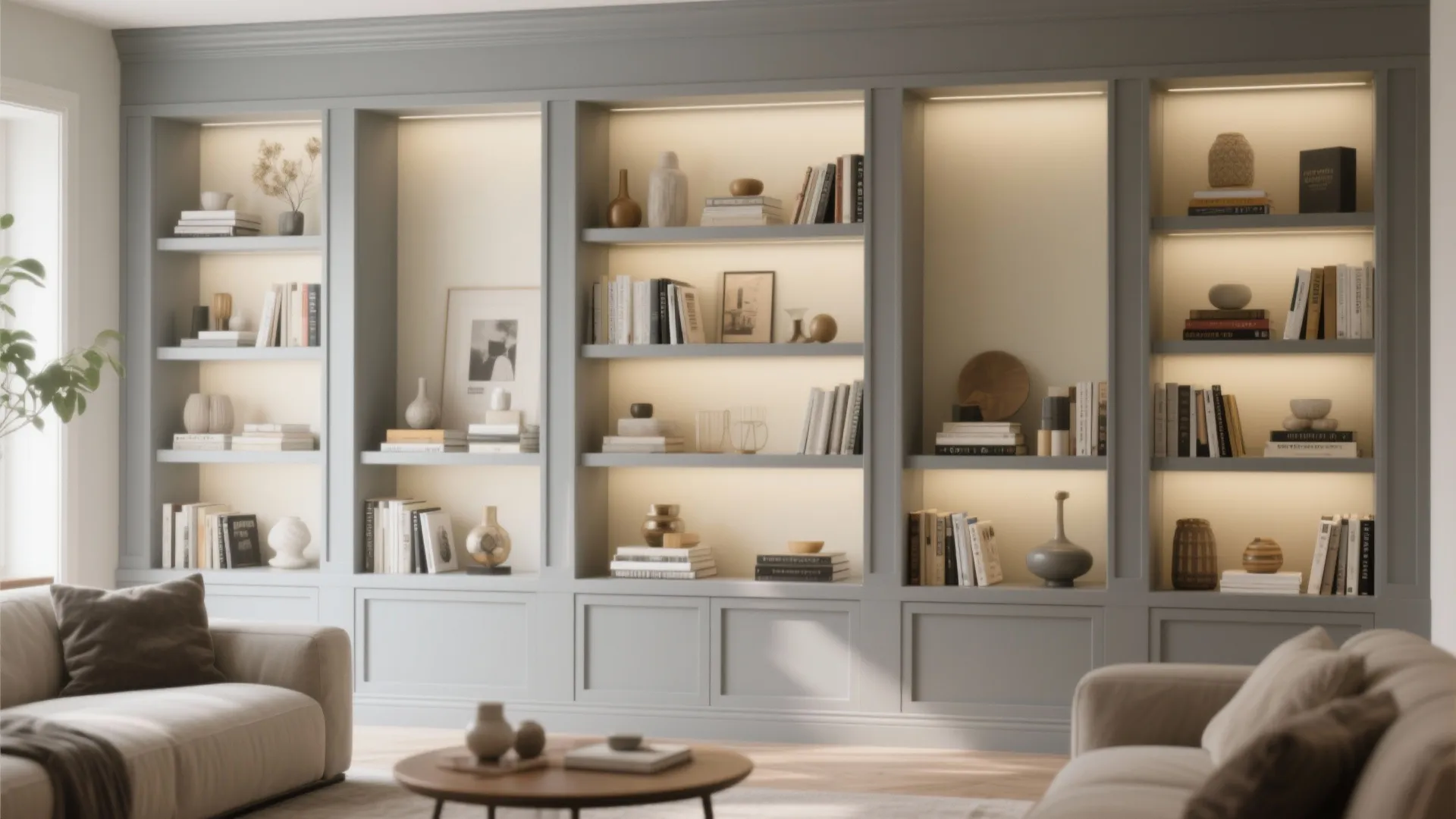 Grey built-in shelving units with cream backs