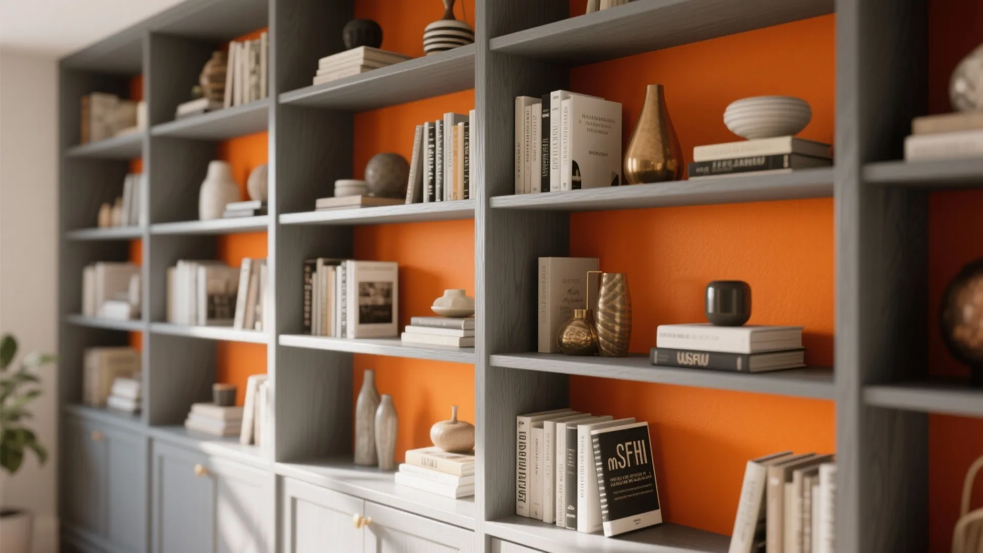 7. Grey Built-in Shelving with Orange Back Panels