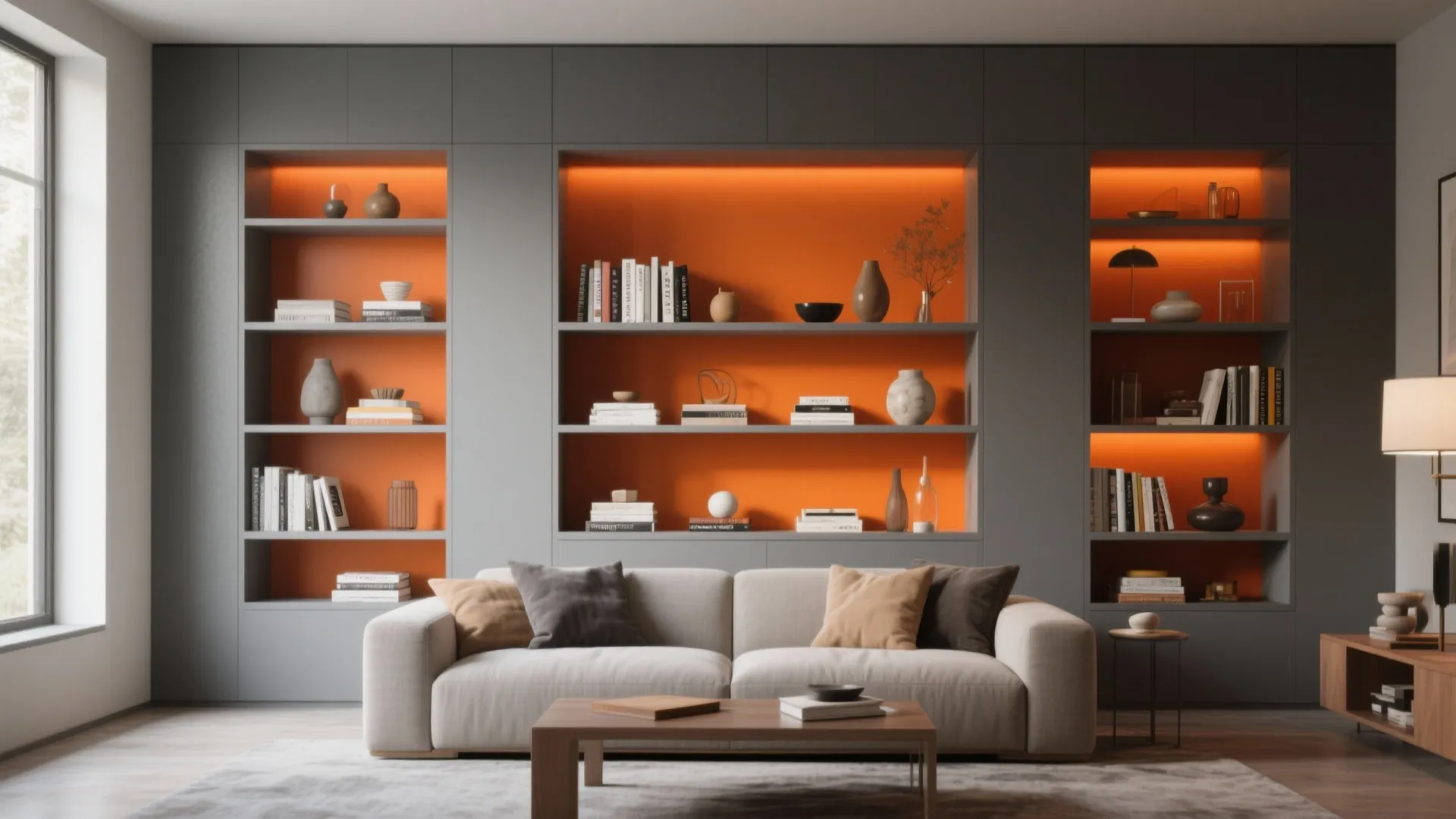 8. Grey Built-In Shelves with Orange Backs