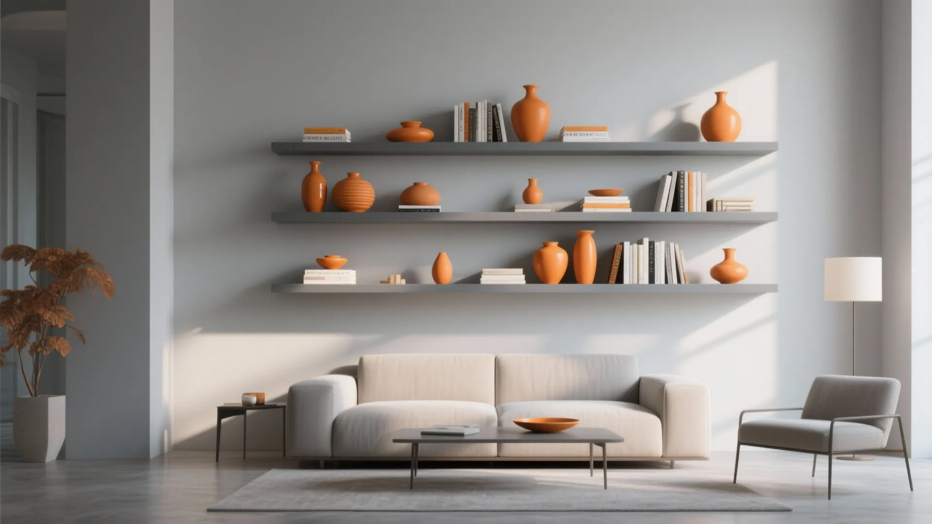 3. Minimalist Shelving in Grey with Color Pop Decor