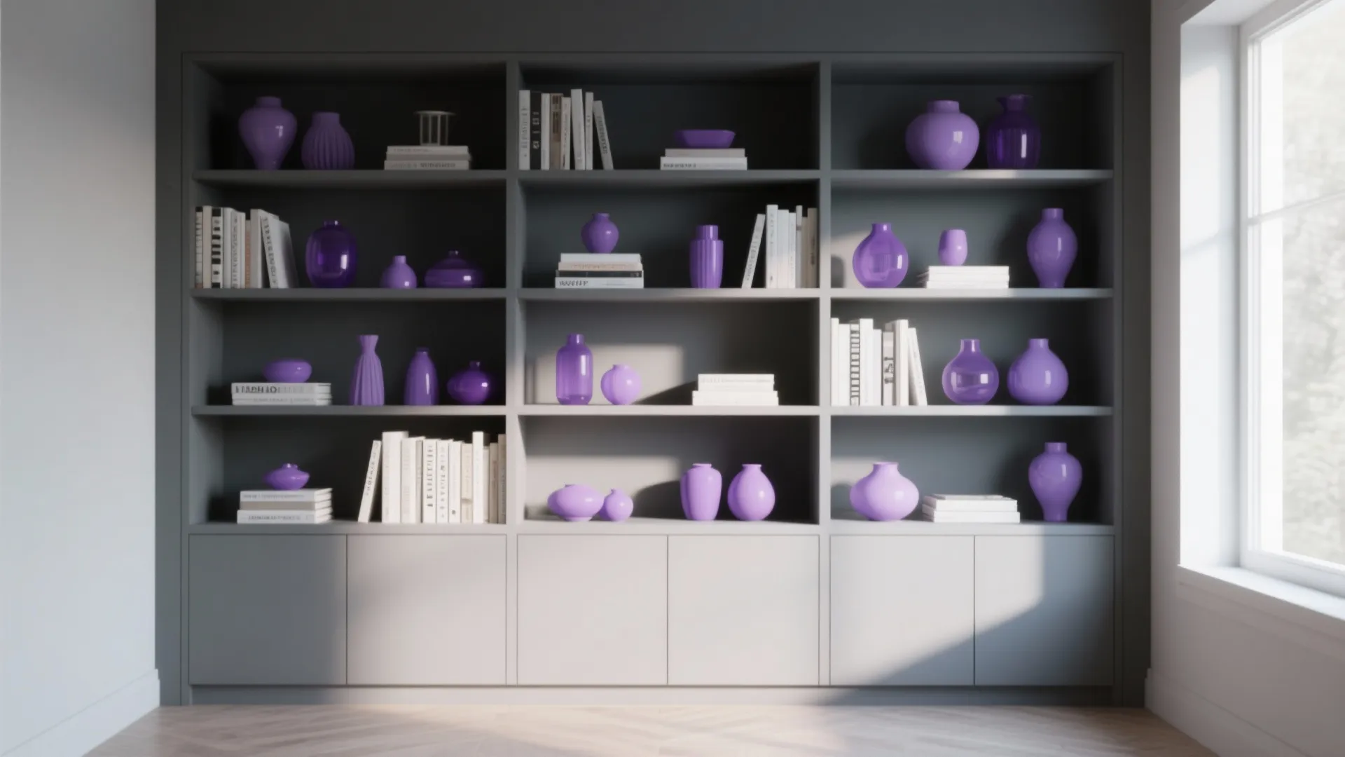 Grey Shelving with Purple Decor Objects