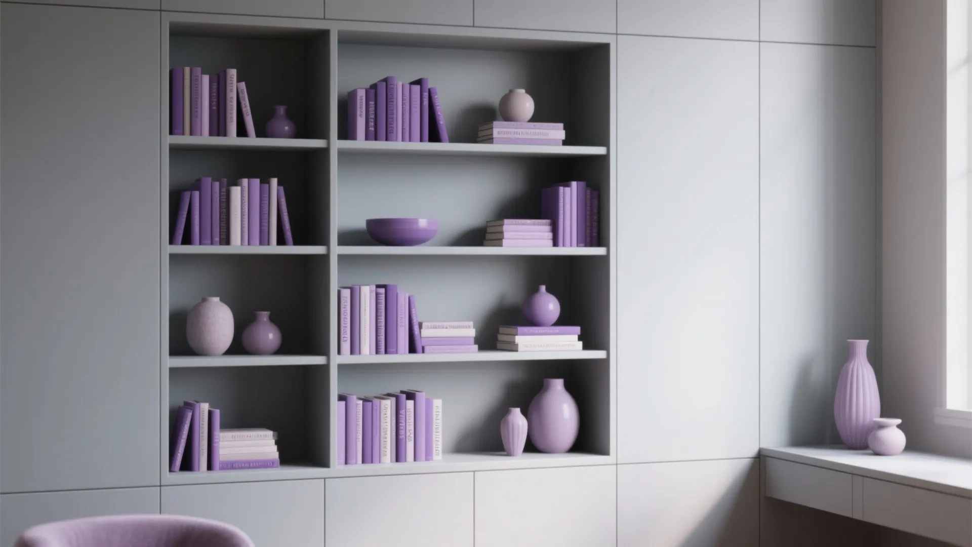 7. Grey Built-In Storage with Purple Accents