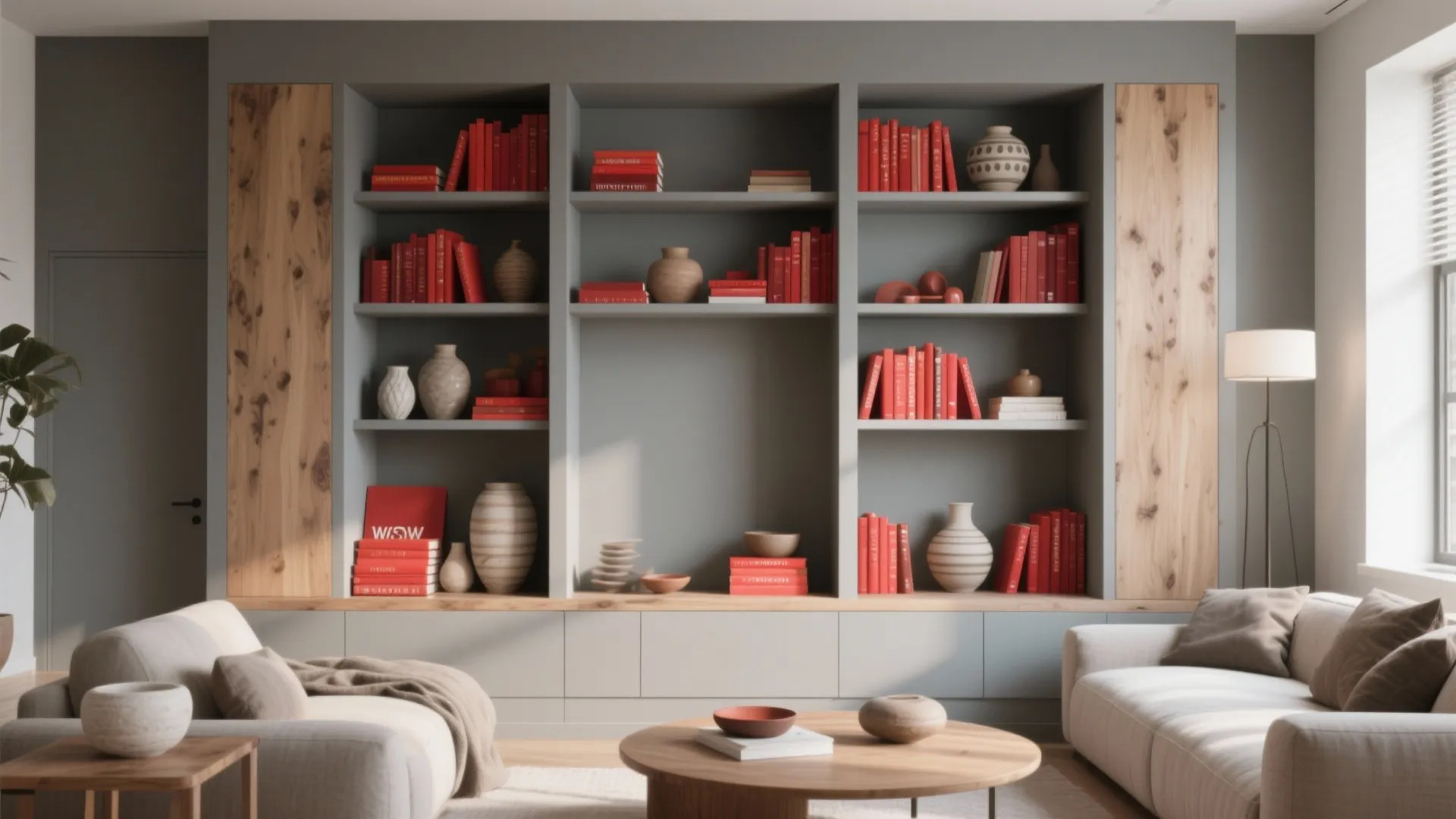 9. Grey Built-In Shelves with Red Styled Decor
